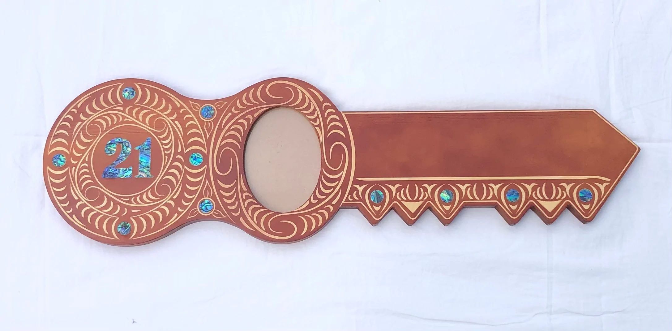 21st Maori Design Key with Laser Engraved Patterns & 21 Paua Shell Inlay - Design 2145 21st Keys 