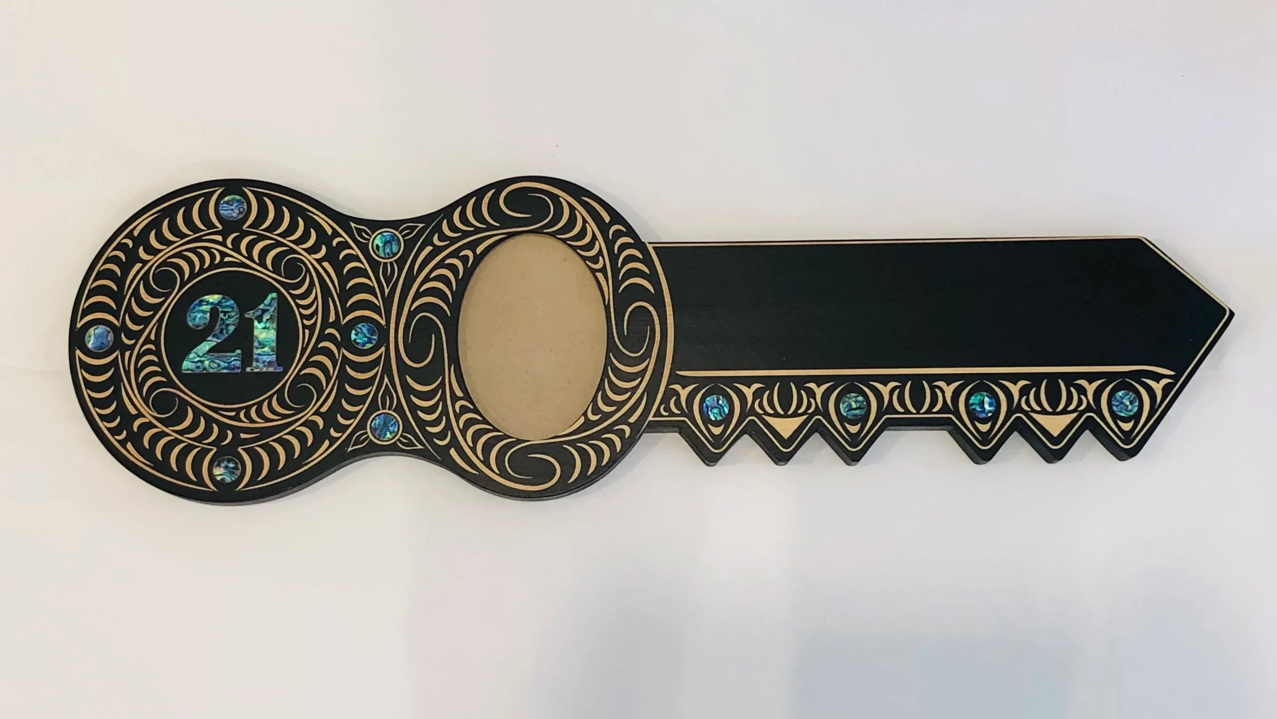 21st Maori Design Key with Laser Engraved Patterns & 21 Round Paua Shell Inlay - Design 2145 21st Keys 