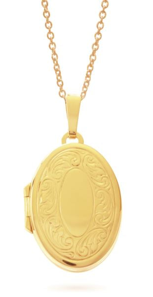 9ct Gold 23mm x 17mm Partly Engraved Oval Locket With Brushed Finish Back Gold Pendants 