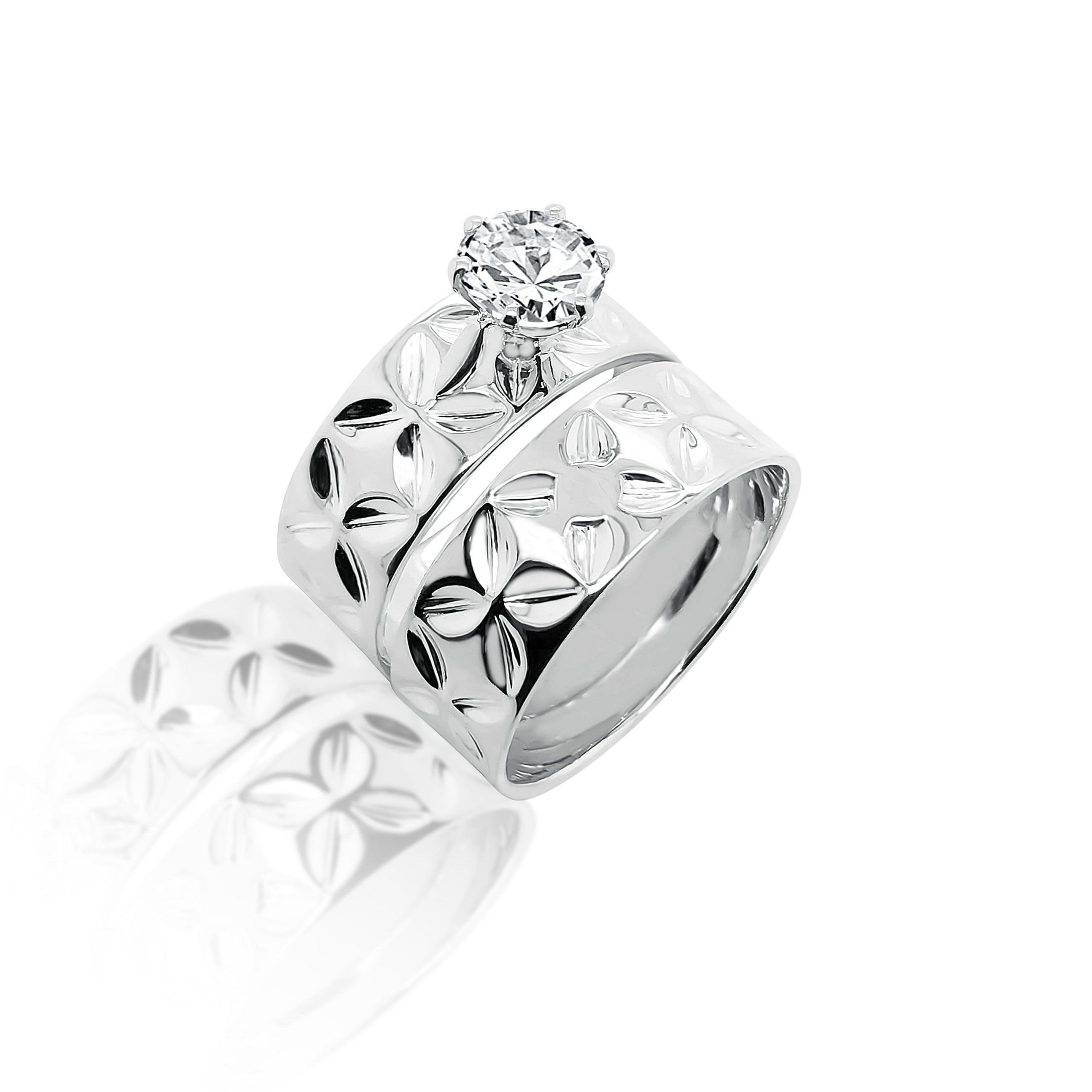 925 Sterling Silver 2 Piece 8mm Wide Island Design Set With 7mm Cubic Zirconia Setting Sterling Silver Rings 