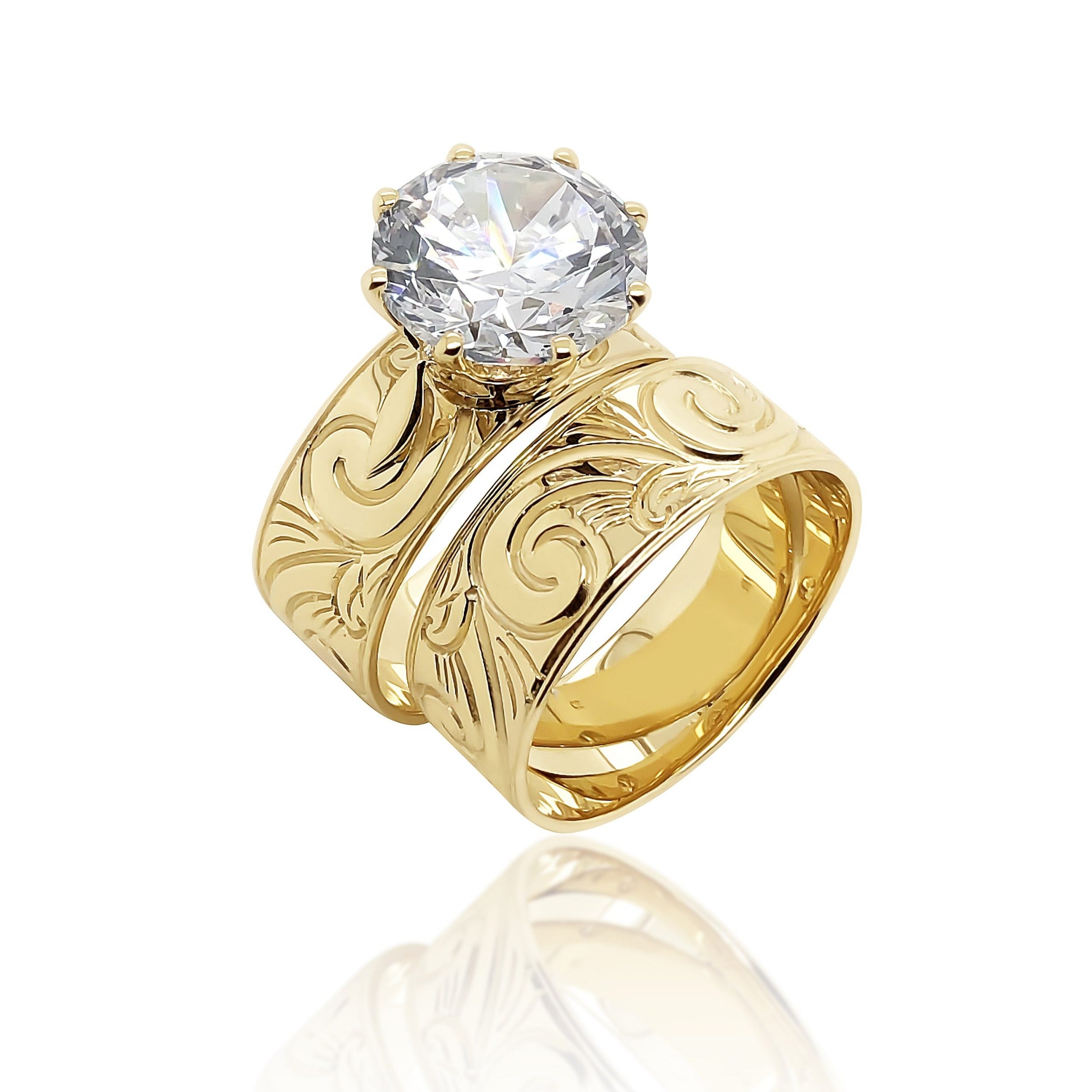 9ct Gold  2 Piece Hawaiian Design Ring Set With Cubic Zirconia Gold Rings 