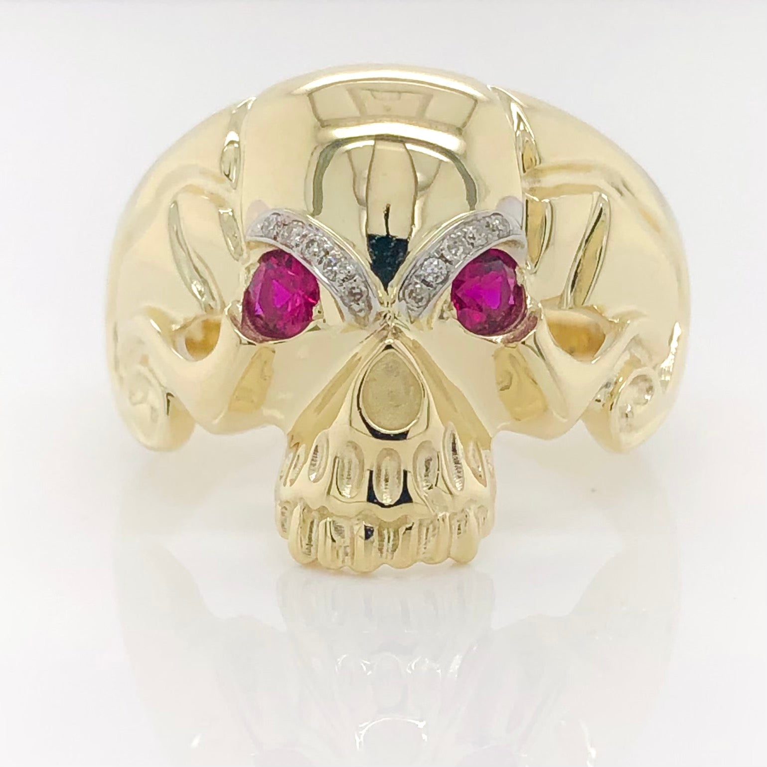 9ct Gold Skull Ring With Diamond Eyebrows and Created Ruby Eyes Gold Rings 