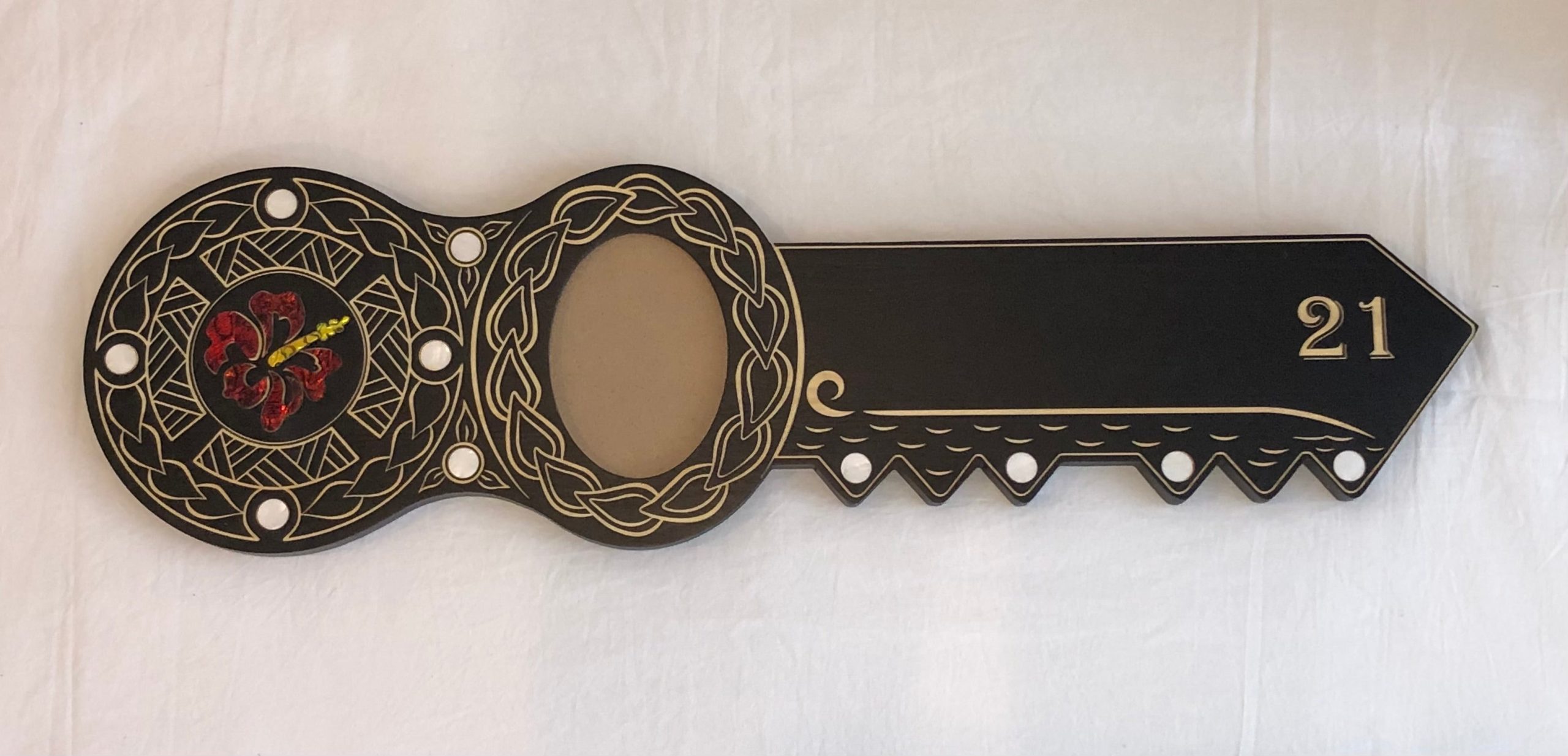 21st Island Design Key with Coloured Paua Shell Hibiscus Flower Inlay & 21 with Round White Mother of Pearl Inlays - Design 2116 21st Keys 