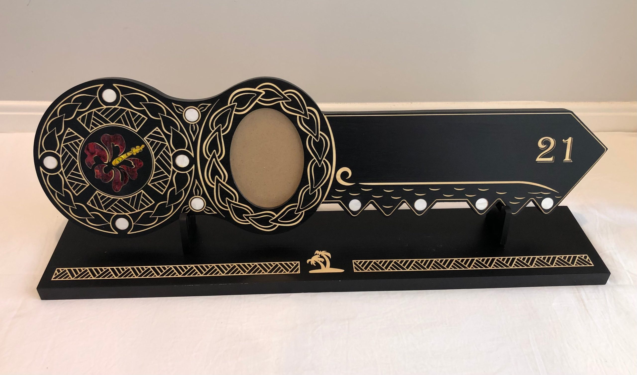 21st Island Design Key with Coloured Paua Shell Hibiscus Flower Inlay & 21 with Round White Mother of Pearl Inlays with Matching Stand - Design 2116 (Stand) 21st Keys 