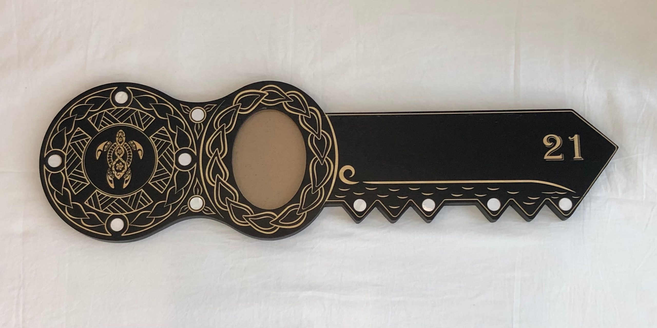 21st Island Design Key with Laser Engraved Turtle & 21 with Round White Mother of Pearl Inlays - Design 2118 21st Keys 