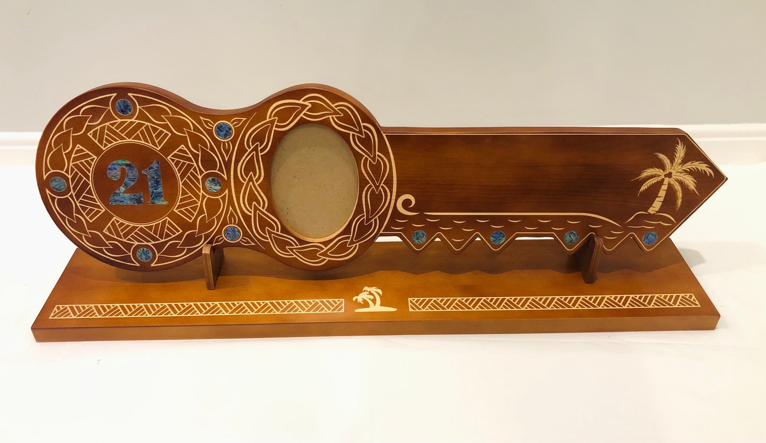 21st Island Design Key with Laser Engraved Patterns & "21" Paua Shell Inlay with Round Paua Shell Inlays and Matching Stand - Design 2125 (Stand) 21st Keys 