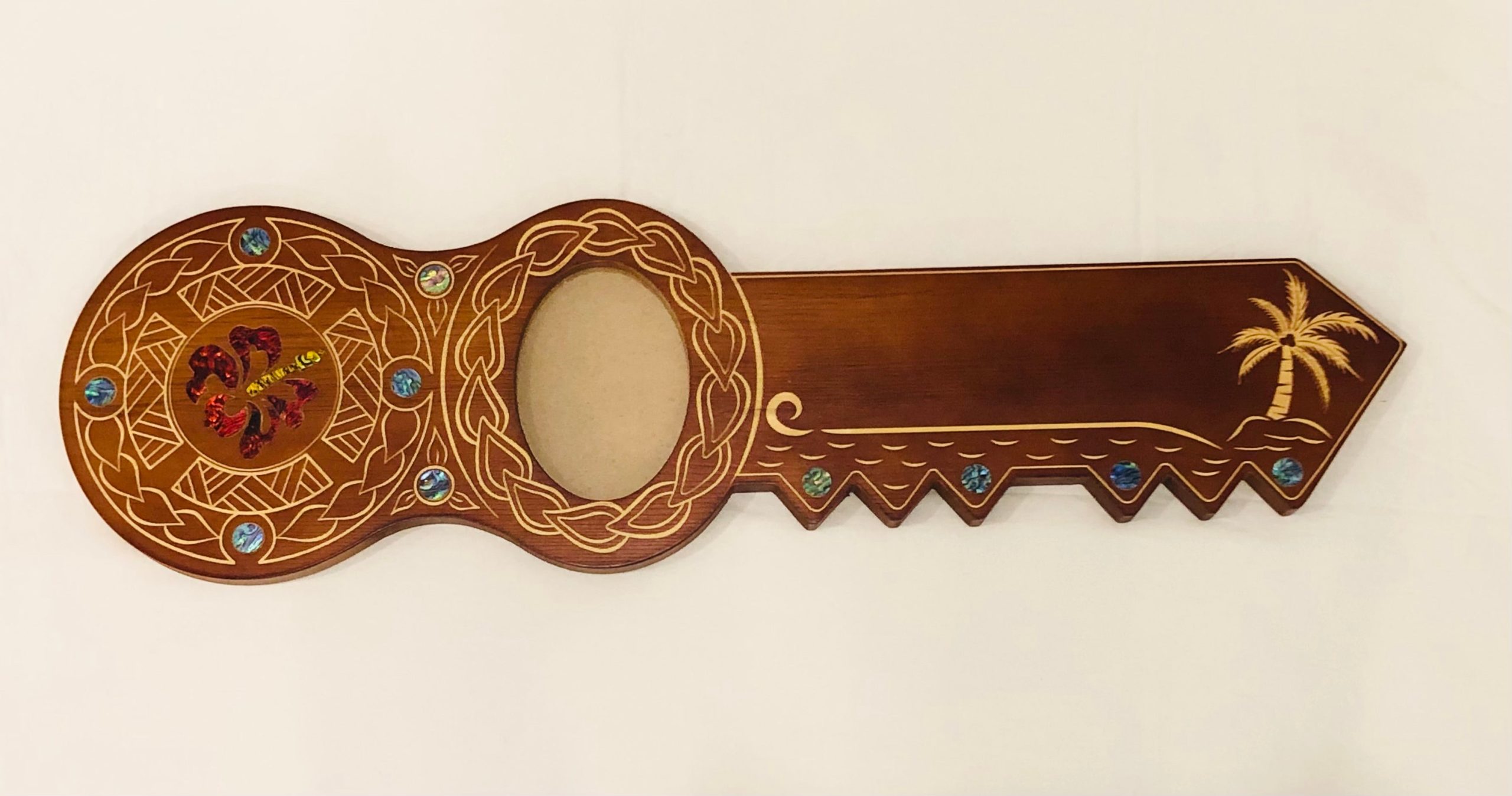 21st Island Design Key with Laser Engraved Patterns & Coloured Paua Shell Hibiscus Flower Inlay with Round Paua Shell Disk Inlays - Design 2126 21st Keys 