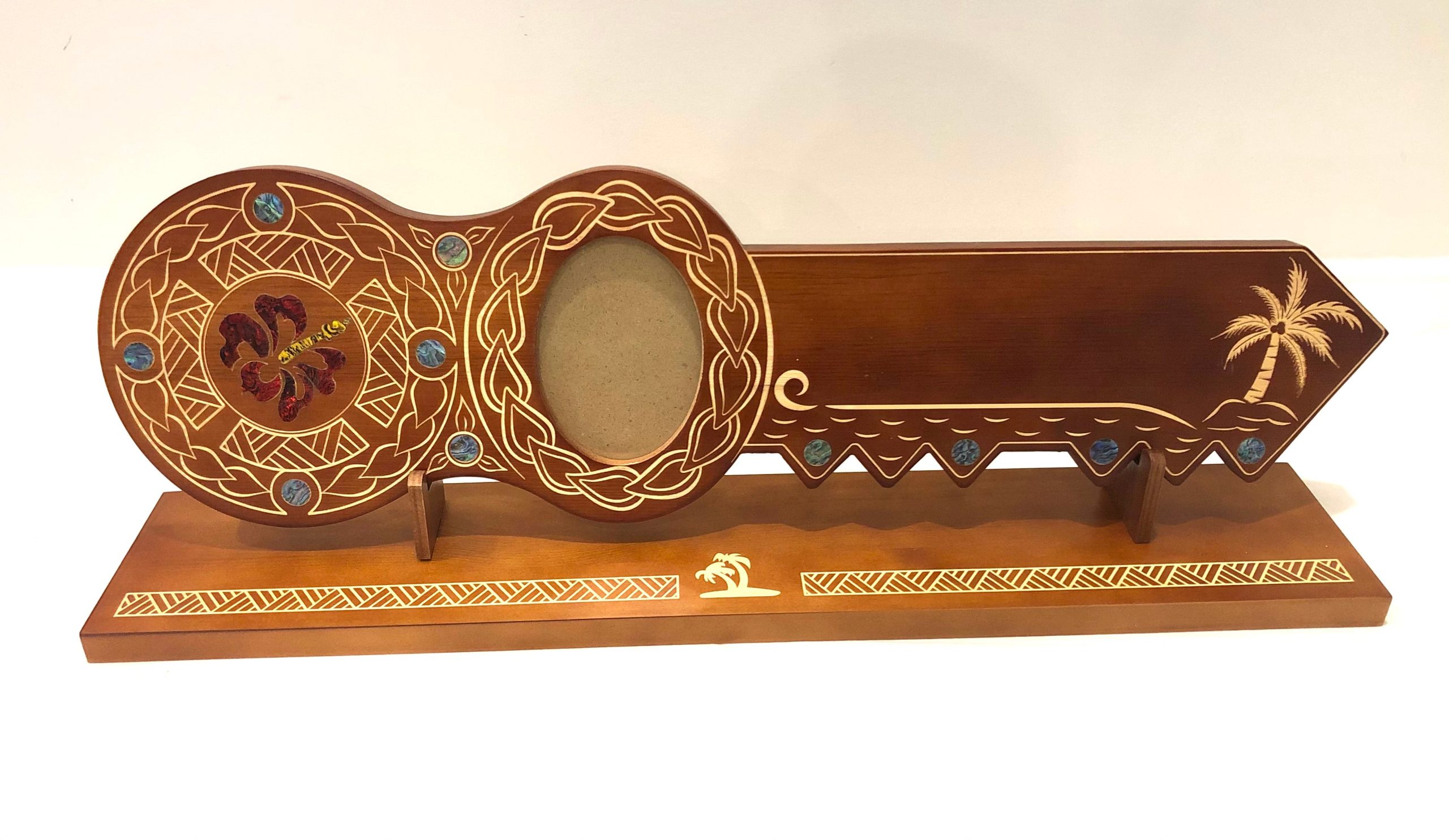21st Island Design Key with Laser Engraved Patterns & Coloured Paua Shell Hibiscus Flower Inlay with Round Paua Shell Disk Inlays and Matching Stand - Design 2126 (Stand) 21st Keys 