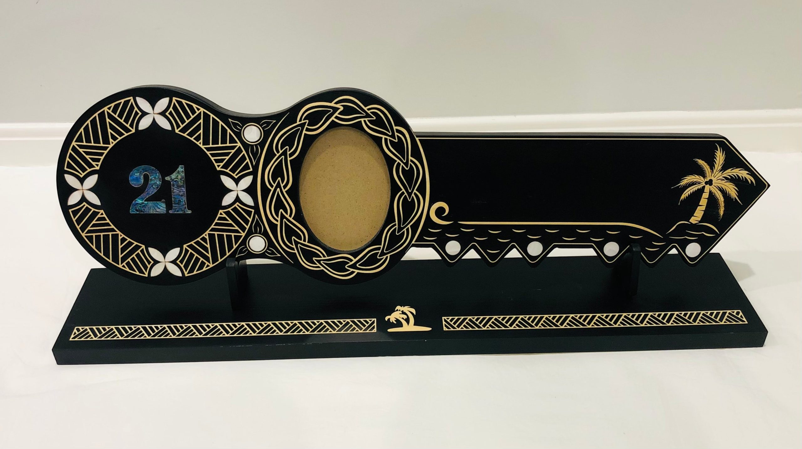 21st Island Design Key with Laser Engraved Patterns & Paua Shell 21 Inlay and White Mother Of Pearl Shell Inlays and Matching Stand - Design 2131 (Stand) 21st Keys 