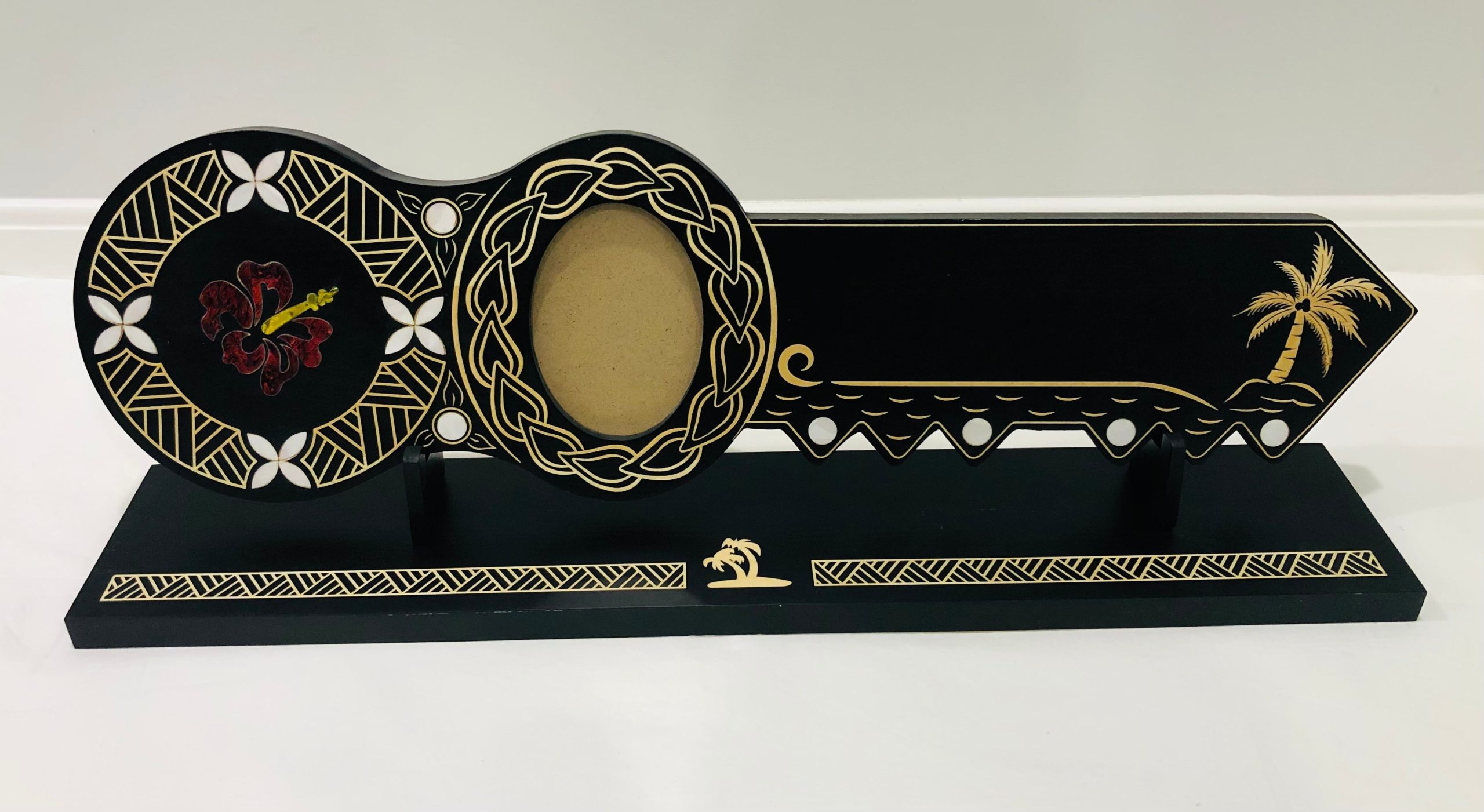 21st Island Design Key with Laser Engraved Patterns & Coloured Paua Shell Hibiscus Flower Inlay and White Mother Of Pearl Shell Inlays and Matching Stand - Design 2132 (Stand) 21st Keys 