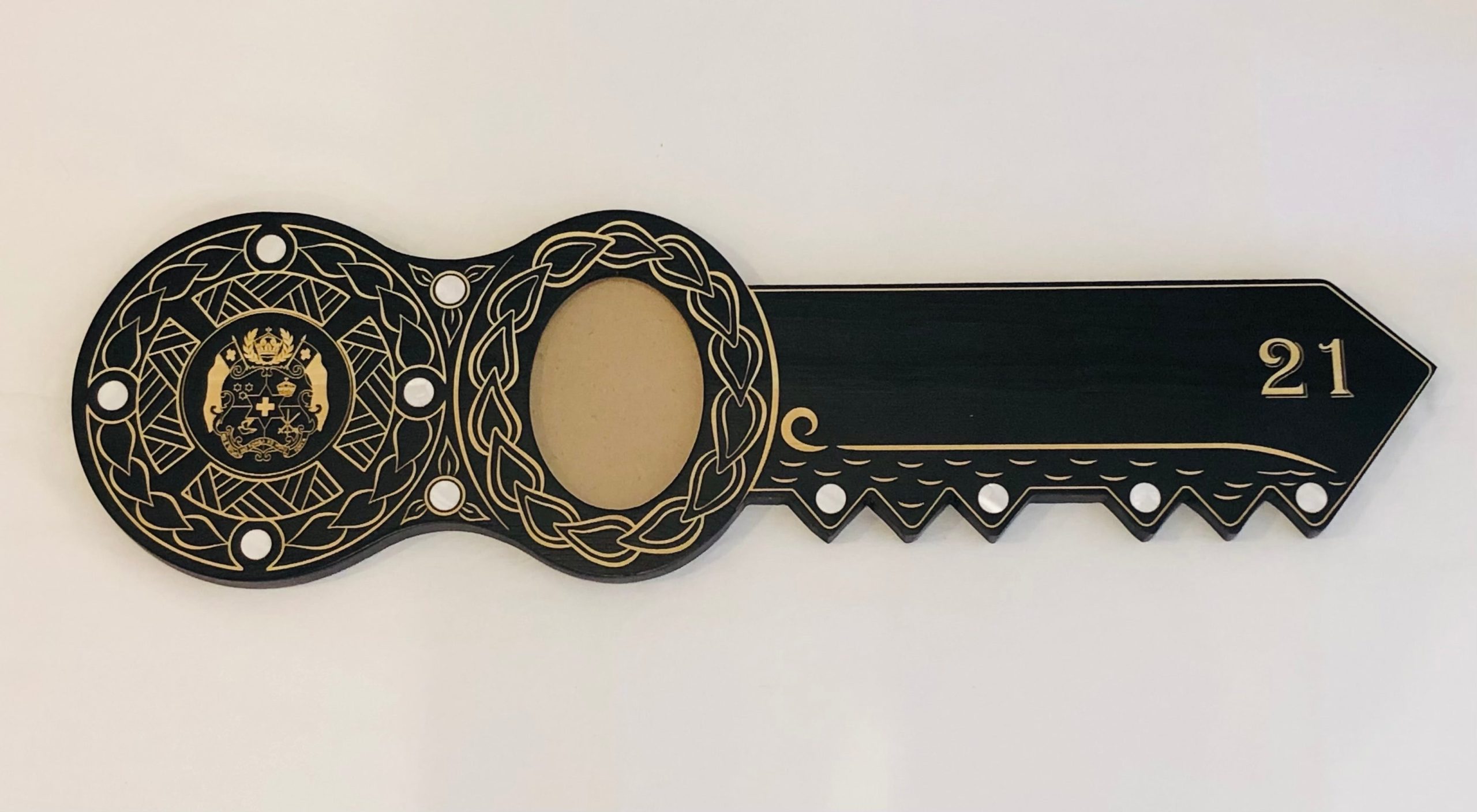 21st Island Design Key with Laser Engraved Coat of arms of Tonga & 21 with Round White Mother of Pearl Inlays - Design 2114 21st Keys 
