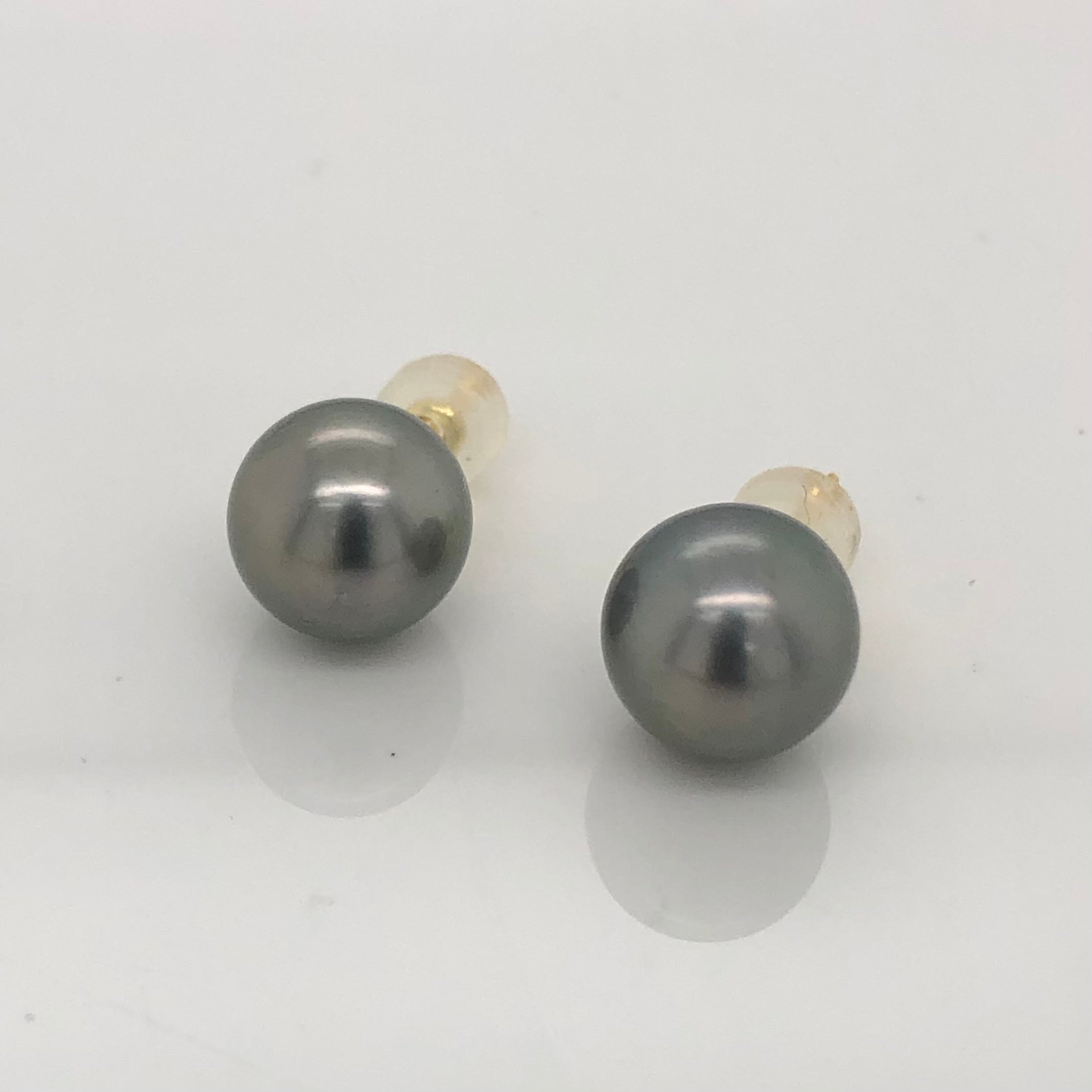 18ct Yellow Gold 9.0-10.0mm Tahitian Black Pearl Stud Earrings Gold Pearl Jewellery, Pearl Jewellery 