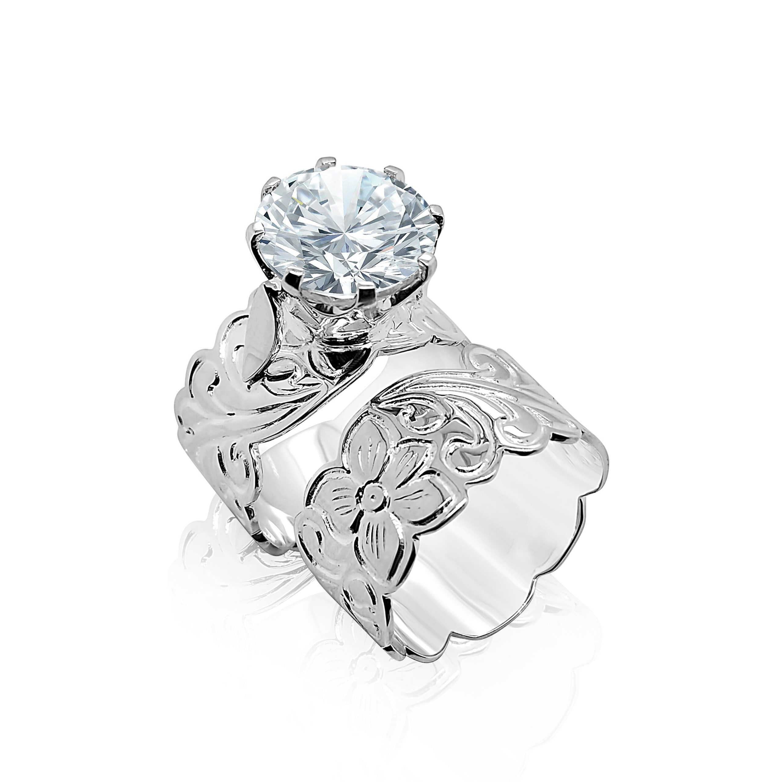 Sterling Silver 2 Piece Hawaiian Cutout Design Ring 10mm Wide With 11mm Cubic Zirconia Sterling Silver Rings 