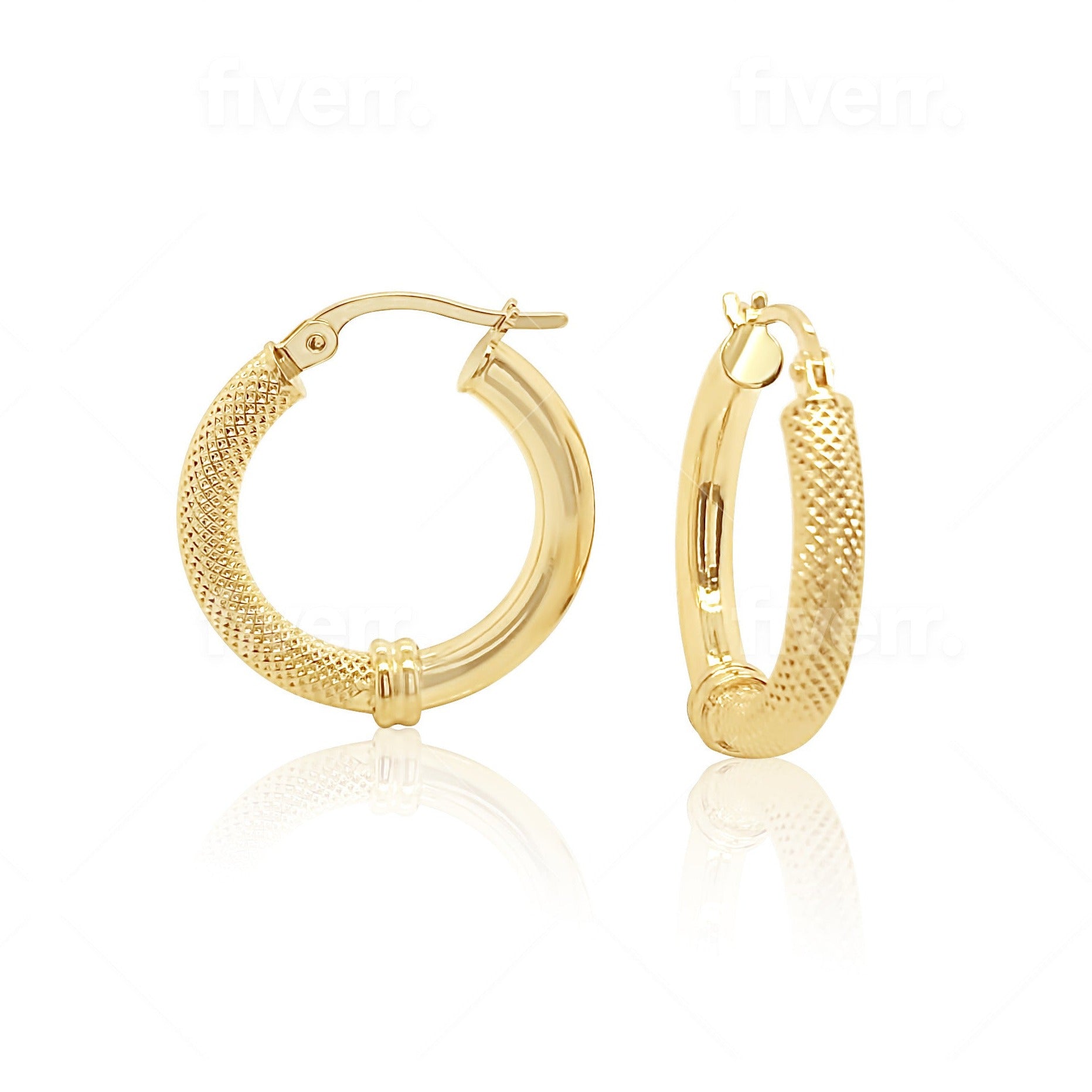 9ct Yellow Gold 15mm Diameter Half Round Plain & Frosted Hoop Earrings Gold Earrings 