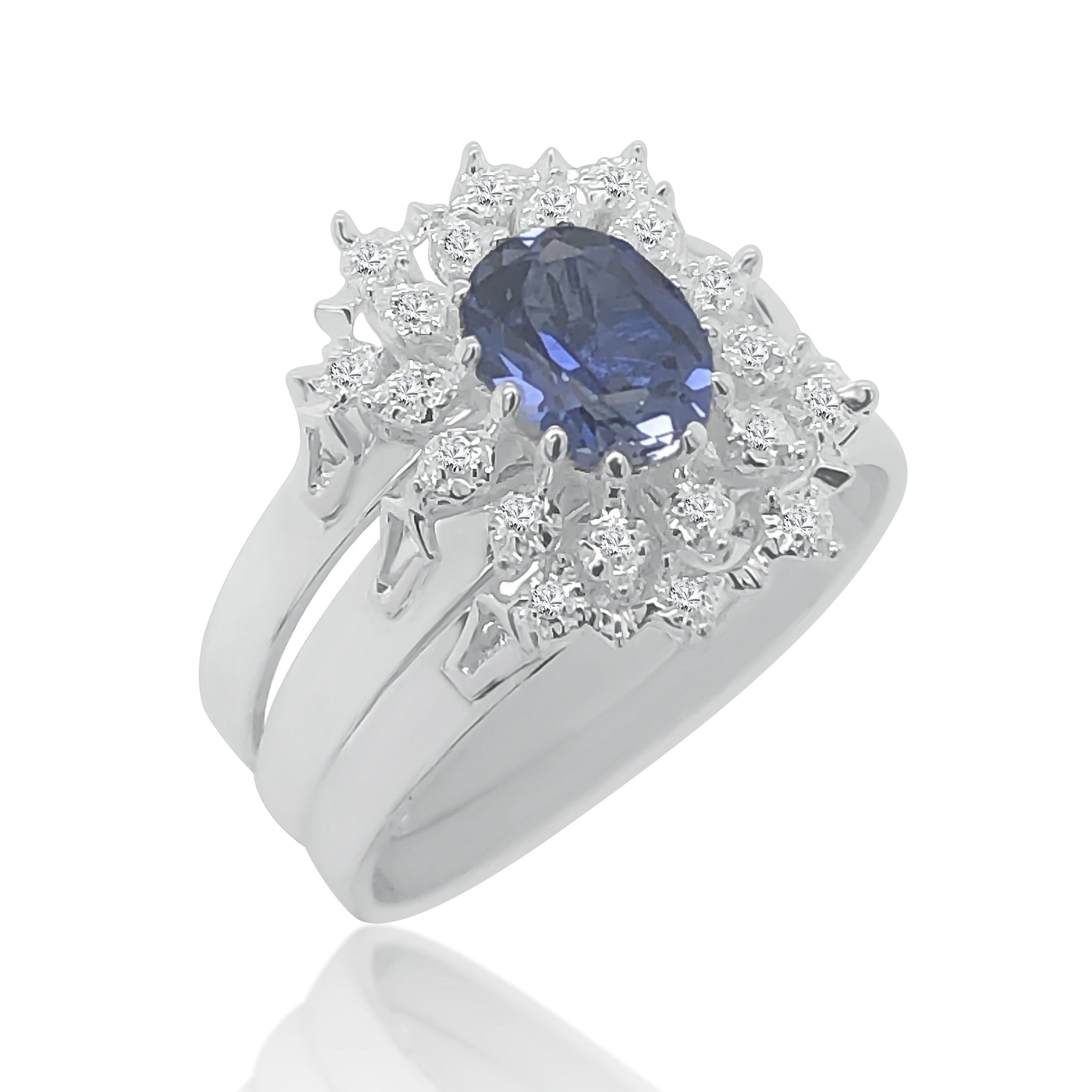 Sterling Silver 3 Piece Cluster Ring Set with Cubic Zirconia & Created Blue Sapphire Setting - S/S-D2053-BLUSAP Sterling Silver Rings 