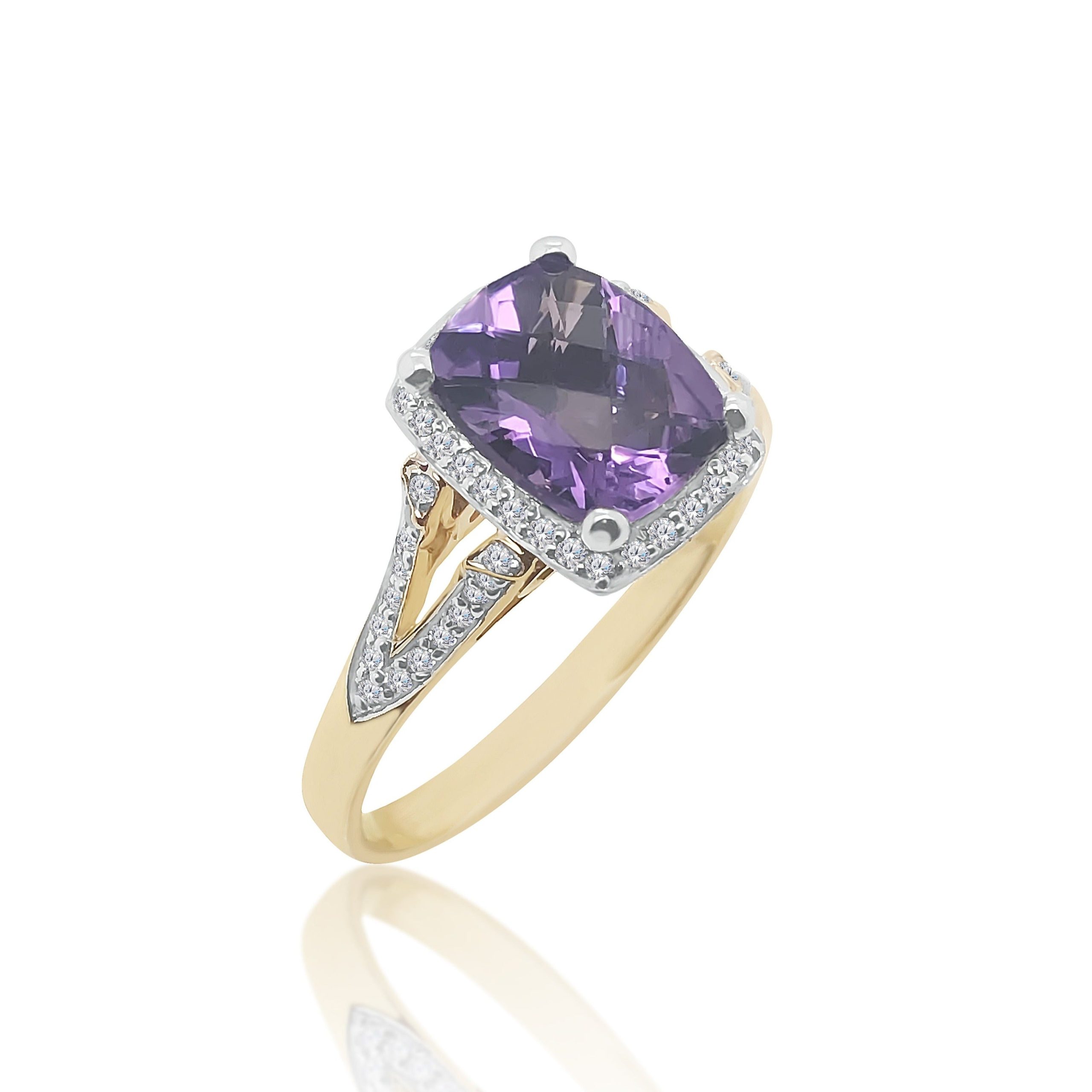 9ct Yellow Gold Amethyst & Cubic Zirconia Halo Ring With CZ Set Split Shank Ring Gold Rings 