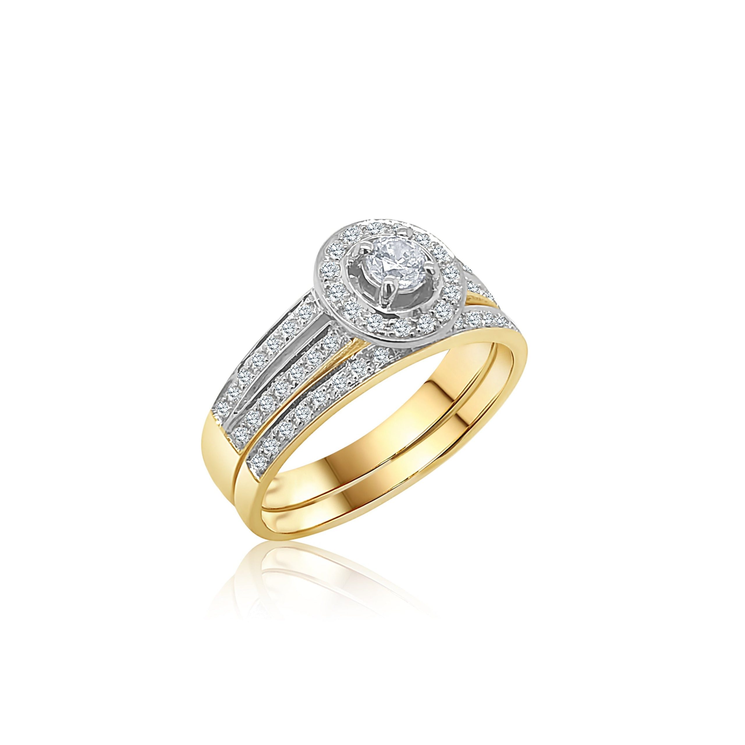 9ct Yellow Gold Cubic Zirconia 2 Piece Halo Bridal Set Gold Rings 