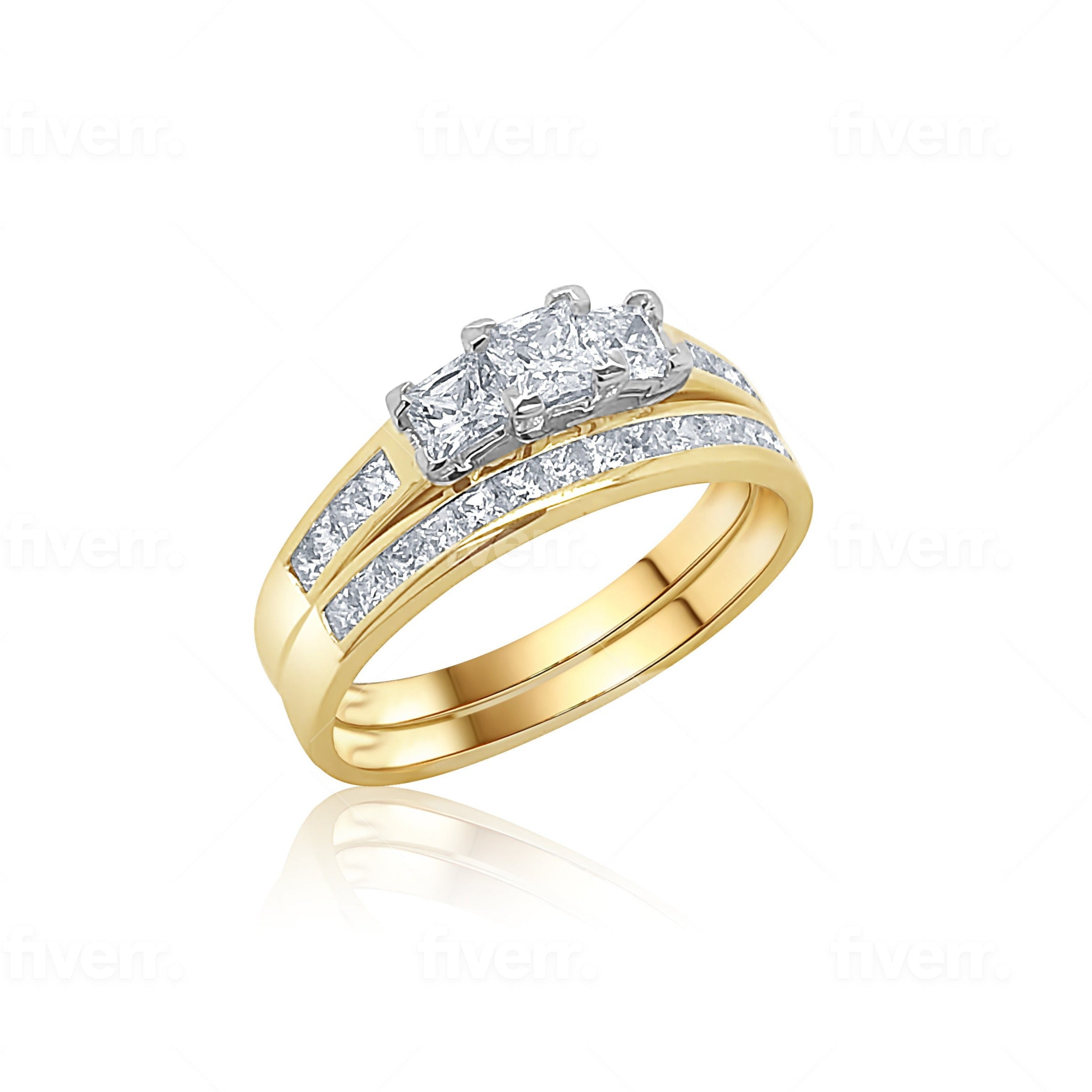 9ct Yellow Gold Cubic Zirconia Princess Cut Bridal Ring Set Gold Rings 