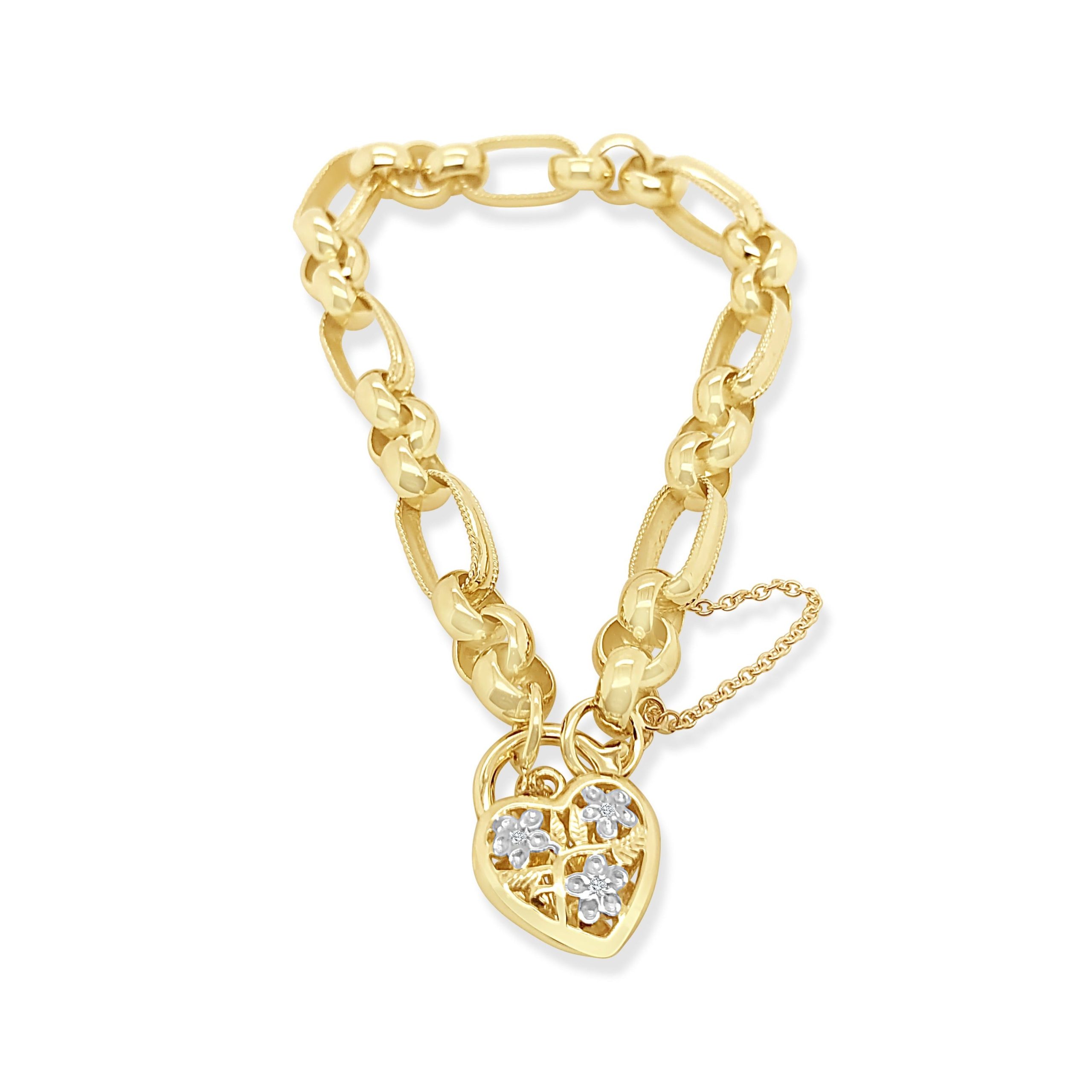 9ct Yellow Gold Belcher Bracelet with Diamond Heart Clasp - 22cm Gold Bracelets 
