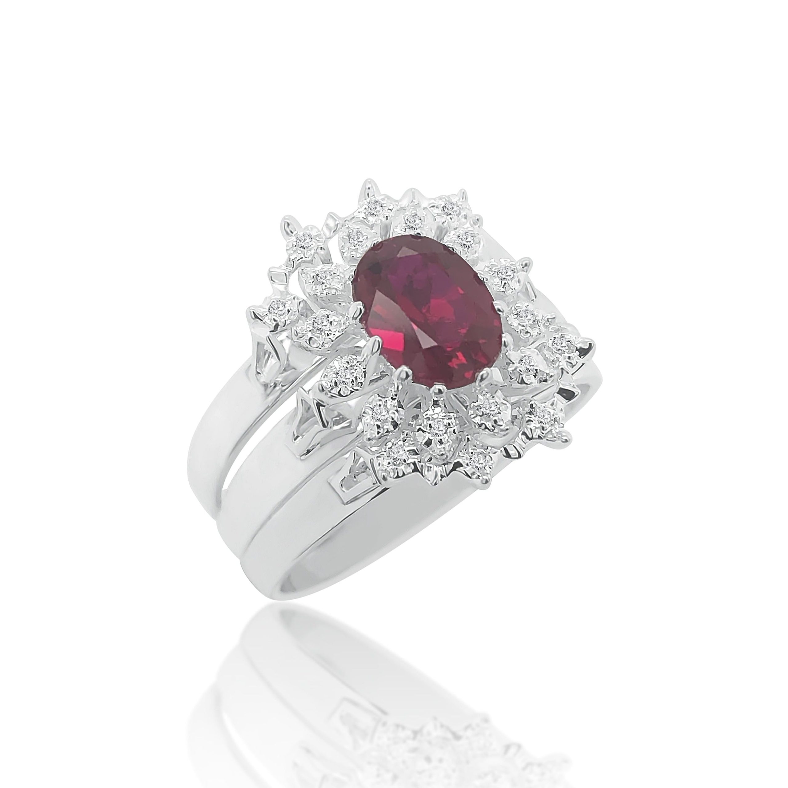 Sterling Silver 3 Piece Cluster Ring Set with Cubic Zirconia & Created Ruby Setting - S/S-D2053-RUBY Sterling Silver Rings 