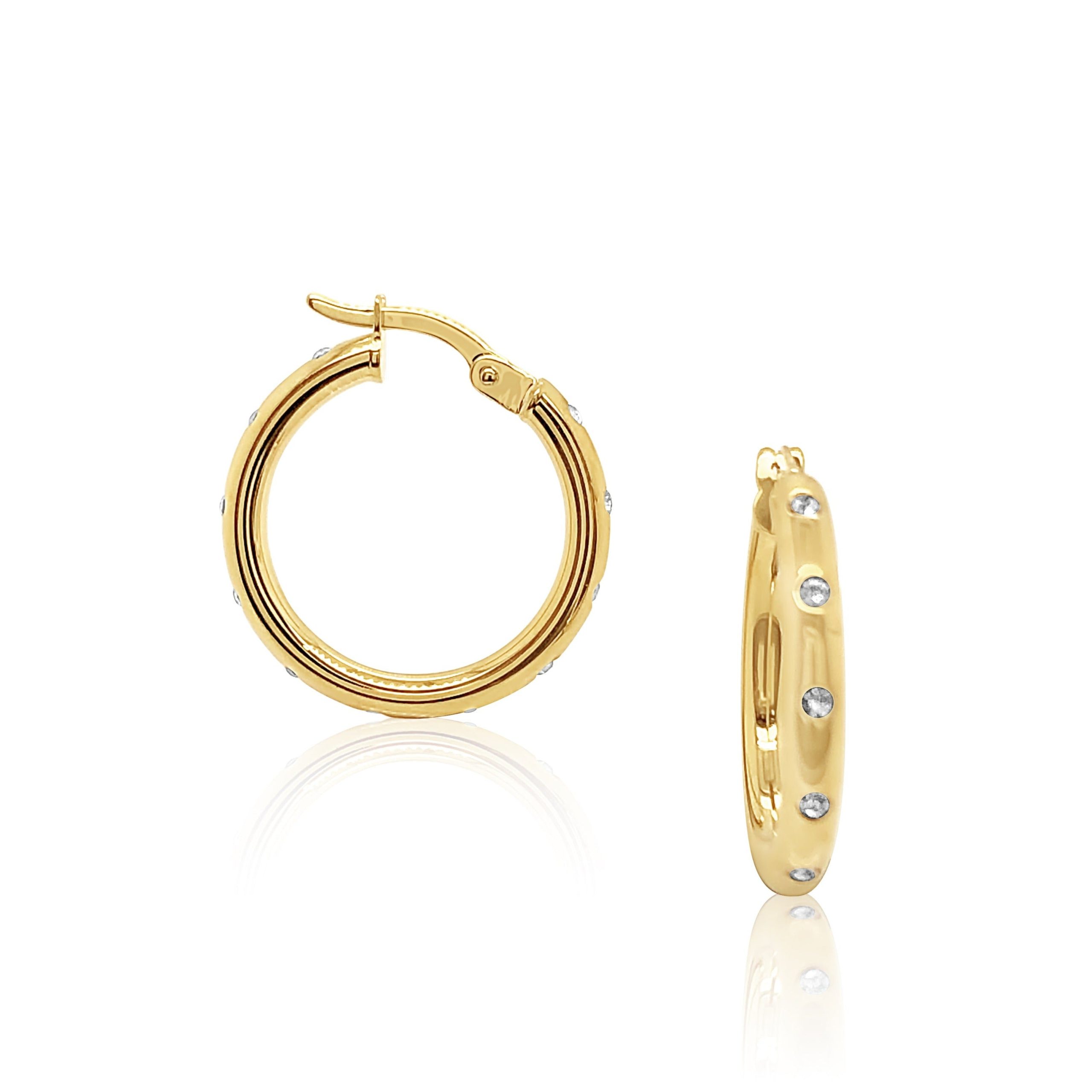 9ct Yellow Gold Silver Filled 15mm Diameter Crystal Set Round Hoop Earrings Gold & Silver Bonded Earrings, Gold Earrings 