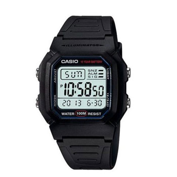CASIO Digital 100M WR, 10Yr Battery Black Case & Band - W800H-1A CASIO