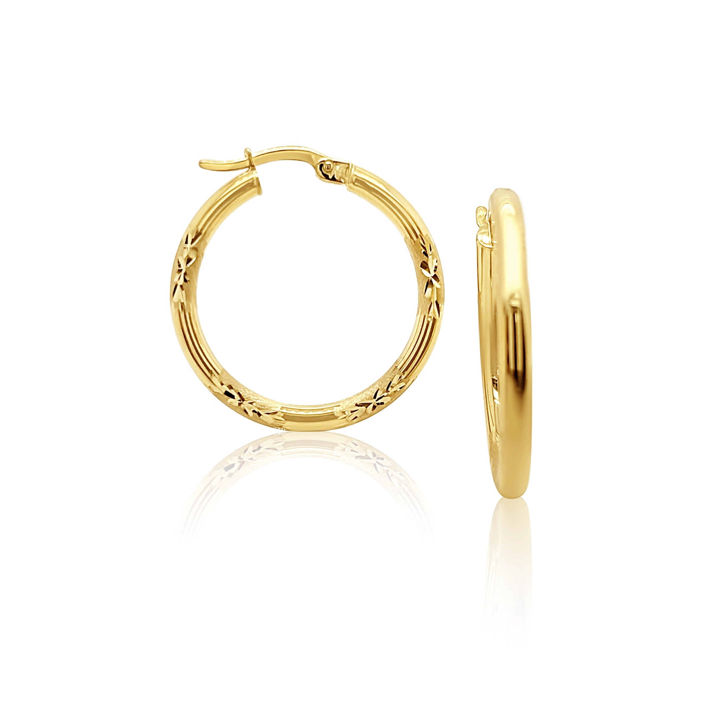 9ct Yellow Gold Silver Filled 20mm Diameter Cut Design Round Hoop Earrings Gold & Silver Bonded Earrings, Gold Earrings 