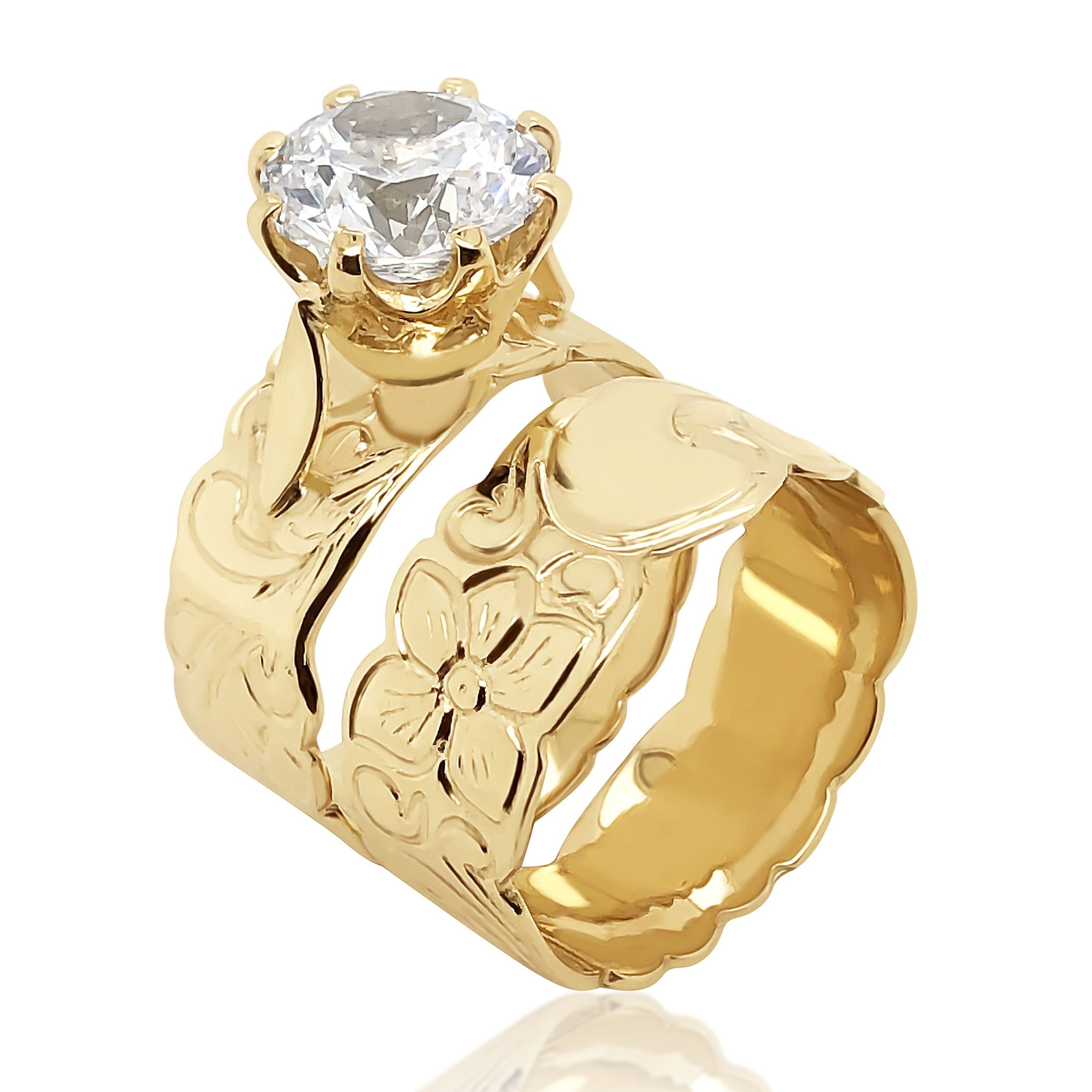 9ct Yellow Gold 2 Piece Hawaiian Cutout Design Ring 10mm Wide With 11mm Cubic Zirconia Gold Rings 