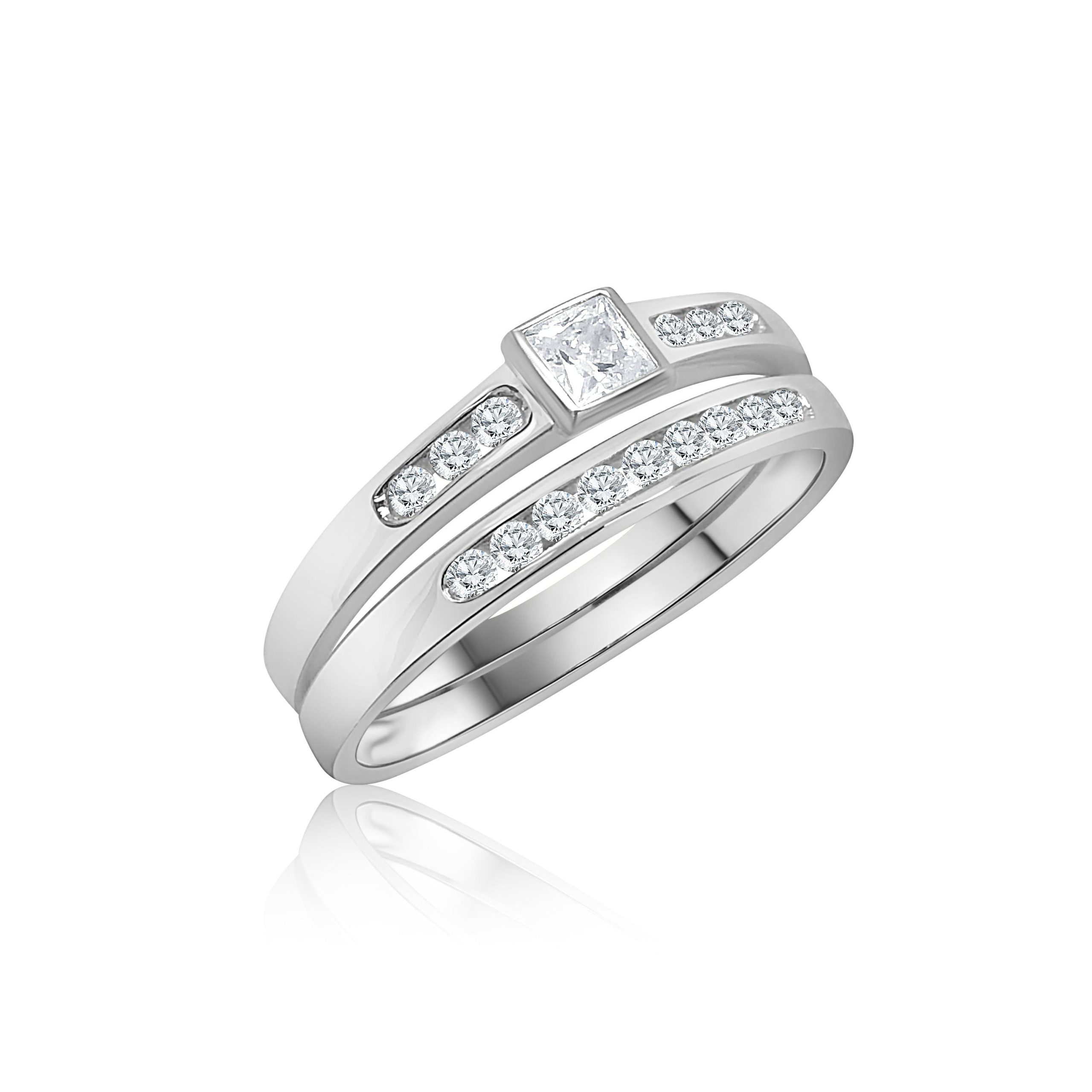Sterling Silver Ladies 2 Piece Cubic Ziconia Rub-Over Setting Ring Sterling Silver Rings 