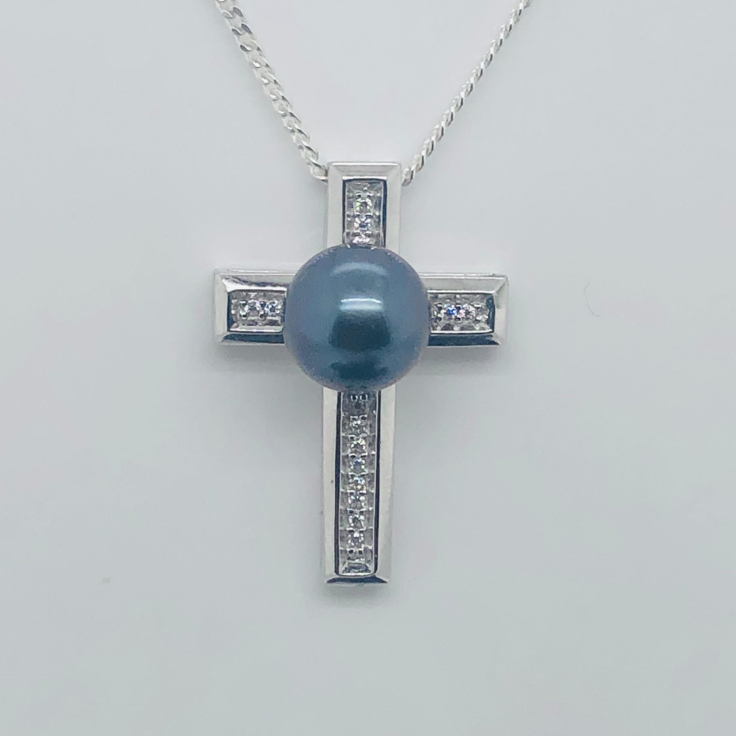 Sterling Silver Cubic Zirconia Cross with 9mm-10mm Round Tahitian Black Pearl Gold Pearl Jewellery, Pearl Jewellery, Sterling Silver Pearl Jewellery 