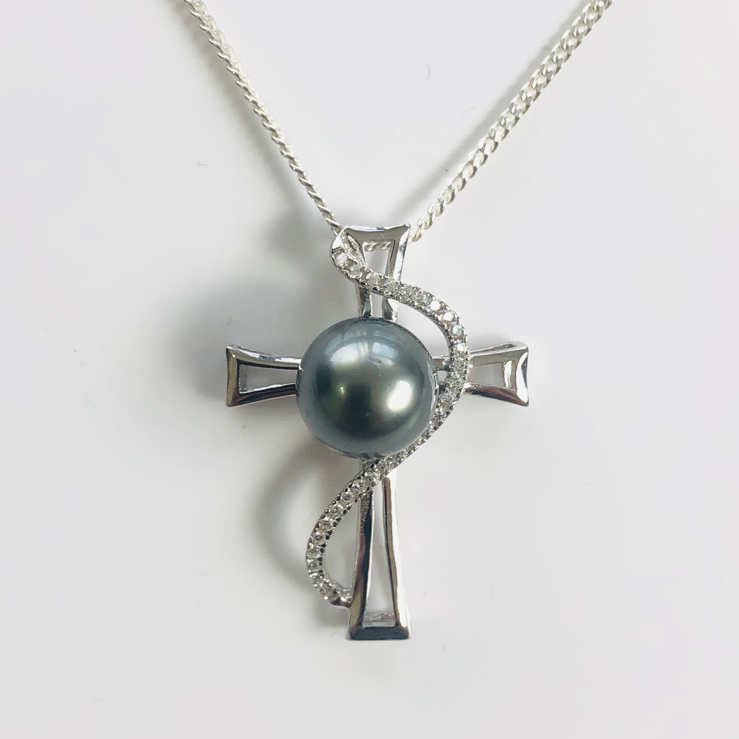 Sterling Silver Cubic Zirconia Cross with 9mm-10mm Round Tahitian Black Pearl Gold Pearl Jewellery, Pearl Jewellery, Sterling Silver Pearl Jewellery 