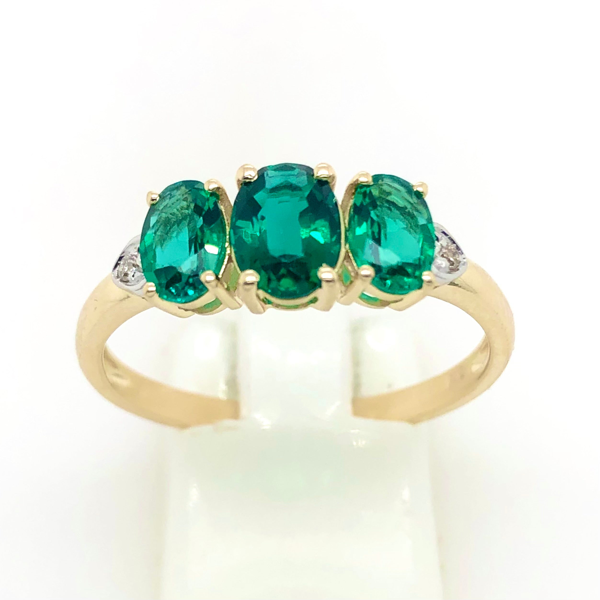 9ct Yellow Gold 3 Stone Biron Emerld Ring with Diamonds Gold Rings 