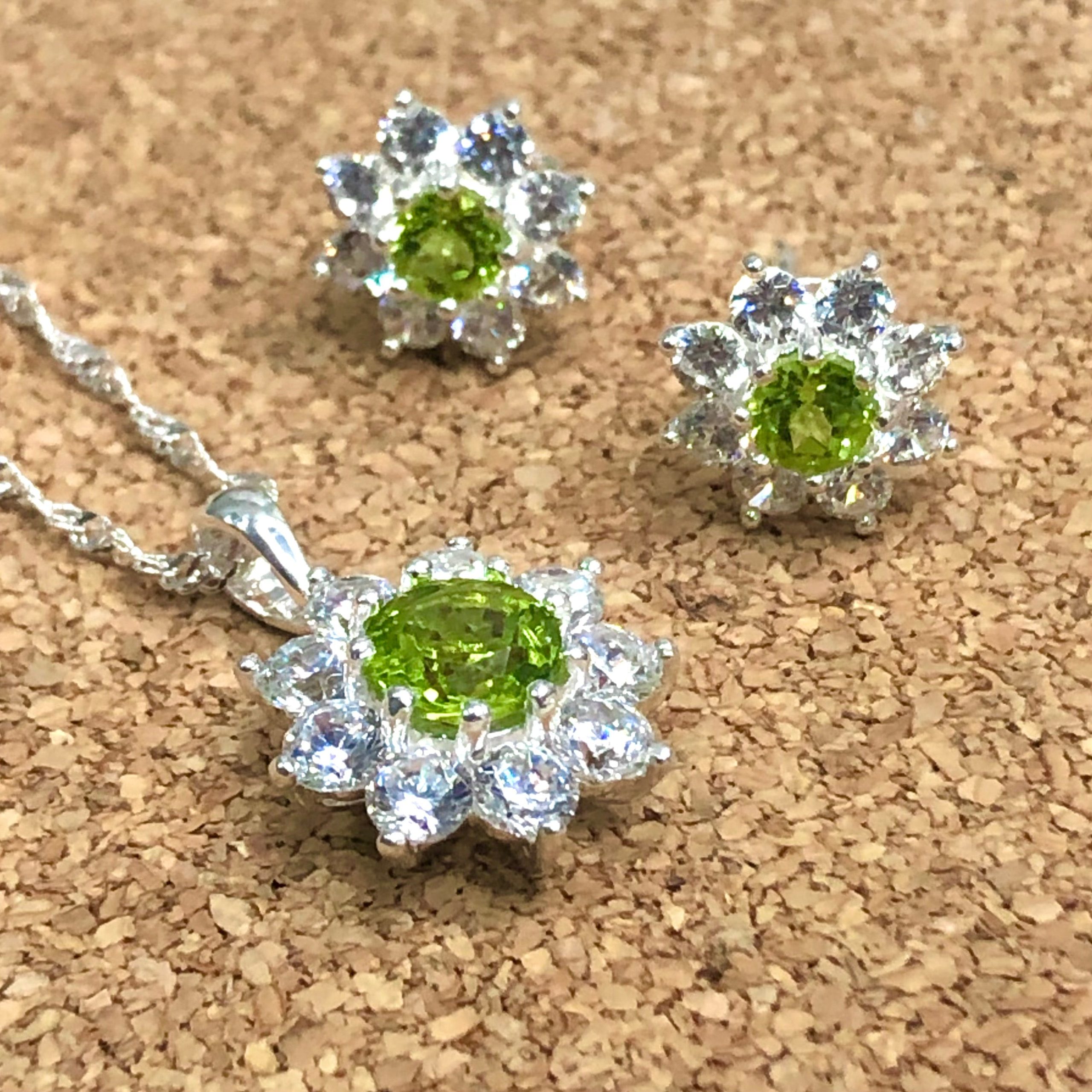 Sterling Silver Halo Solitaire Peridot & CZ Pendant and Earring Set Sterling Silver Pendants 