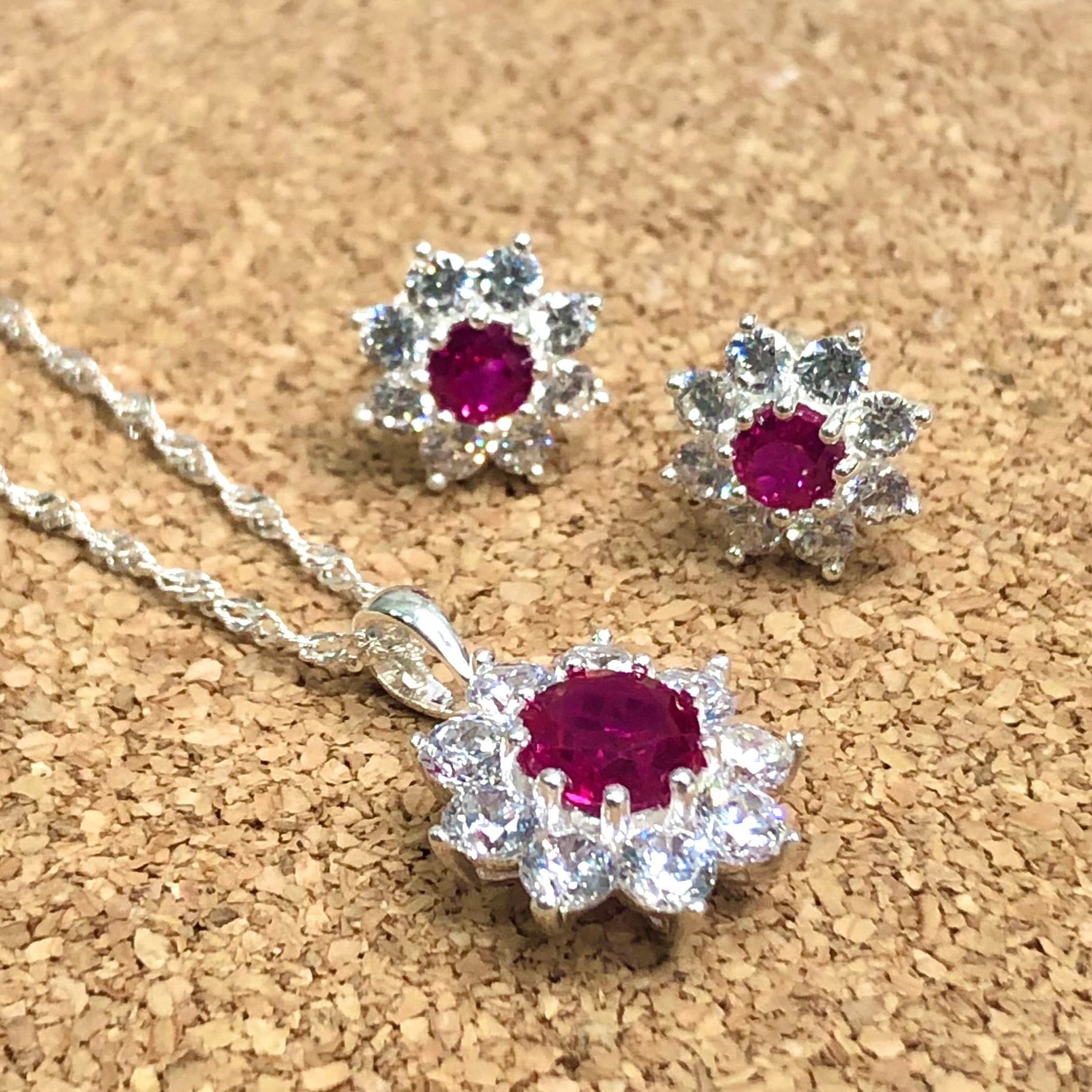 Sterling Silver Halo Solitaire Created Ruby & CZ Pendant and Earring Set Sterling Silver Pendants 