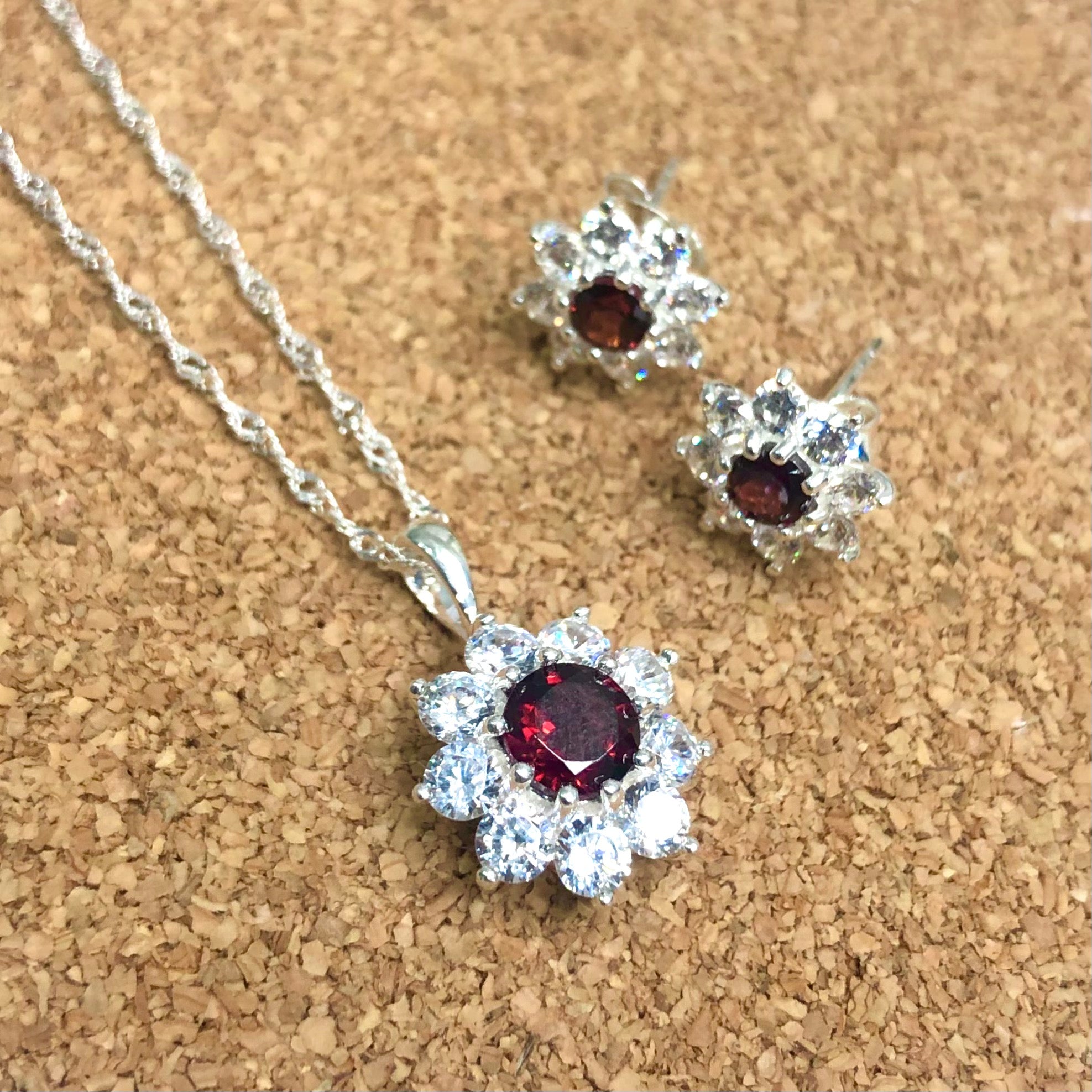 Sterling Silver Halo Solitaire Garnet & CZ Pendant and Earring Set Sterling Silver Pendants 