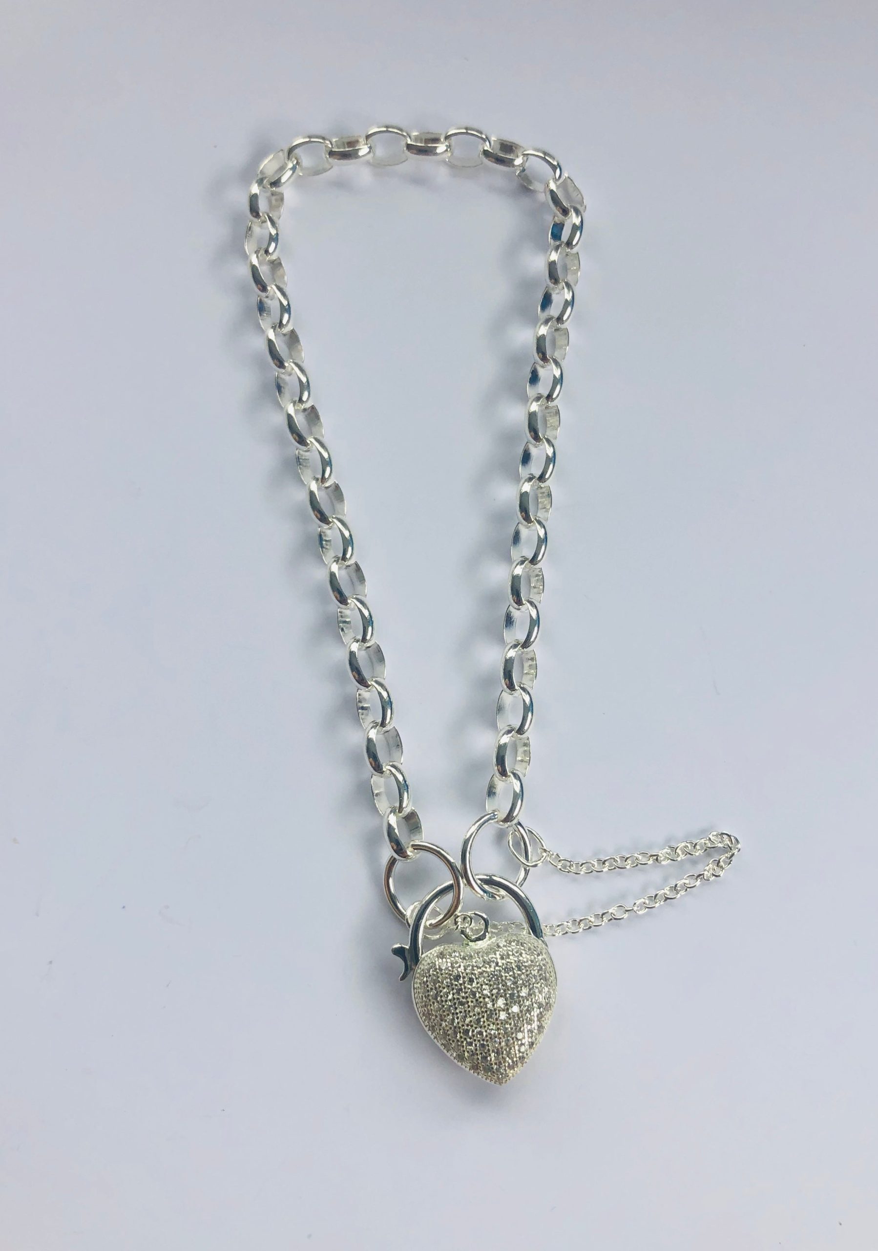 Sterling Silver Oval Belcher Bracelet With Micro Set CZ Puff Heart Padlock 19cm - 003 Sterling Silver Bracelets 