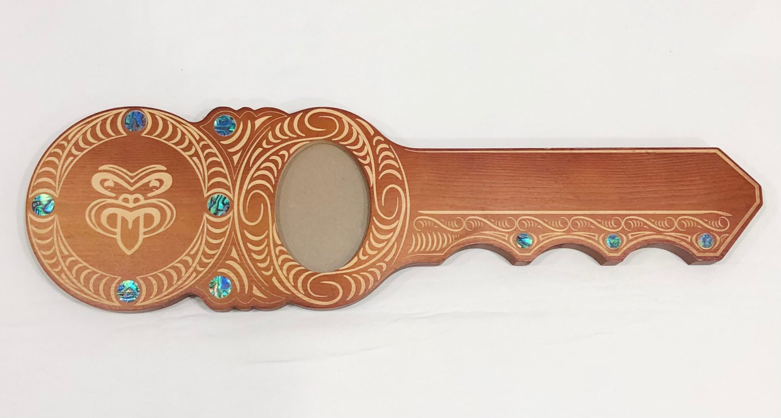 Maori Design Key with Laser Engraved Tiki Face & Round Paua Shell Inlay - Design S17 21st Keys 
