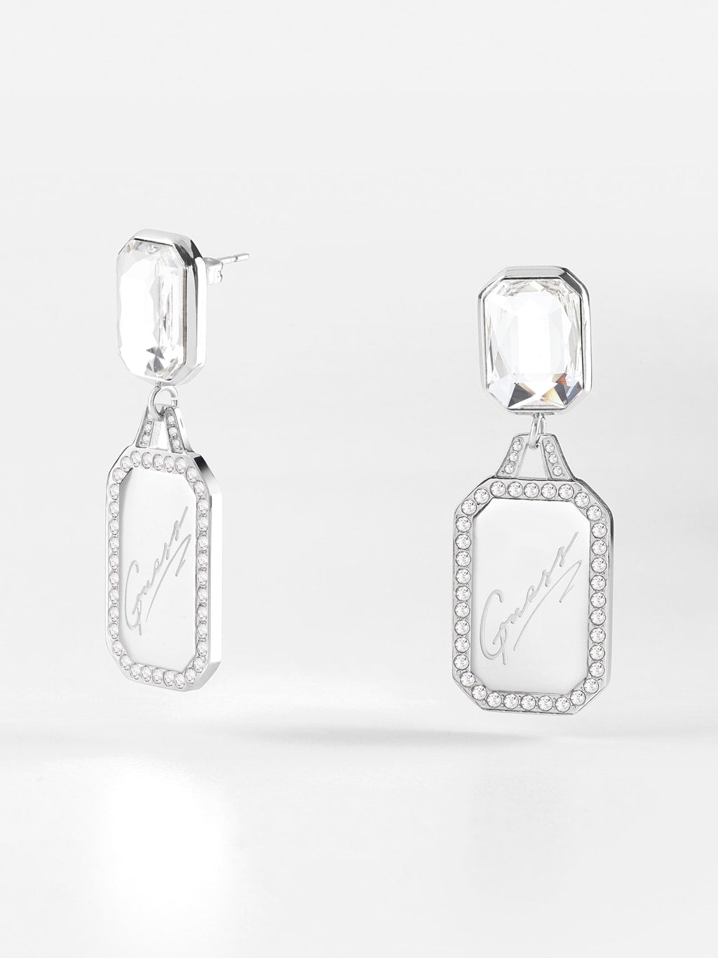 Guess 28mm Pendant Tag & Crystal Silver Plated Stud Earrings - JUBE01132 JWRHT/U GUESS JEWELLERY 