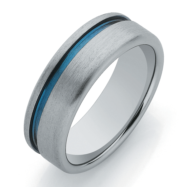Titanium Sanded Finish and Blue Groove Mens Wedding Band Gold Rings, Men's Gold Rings 