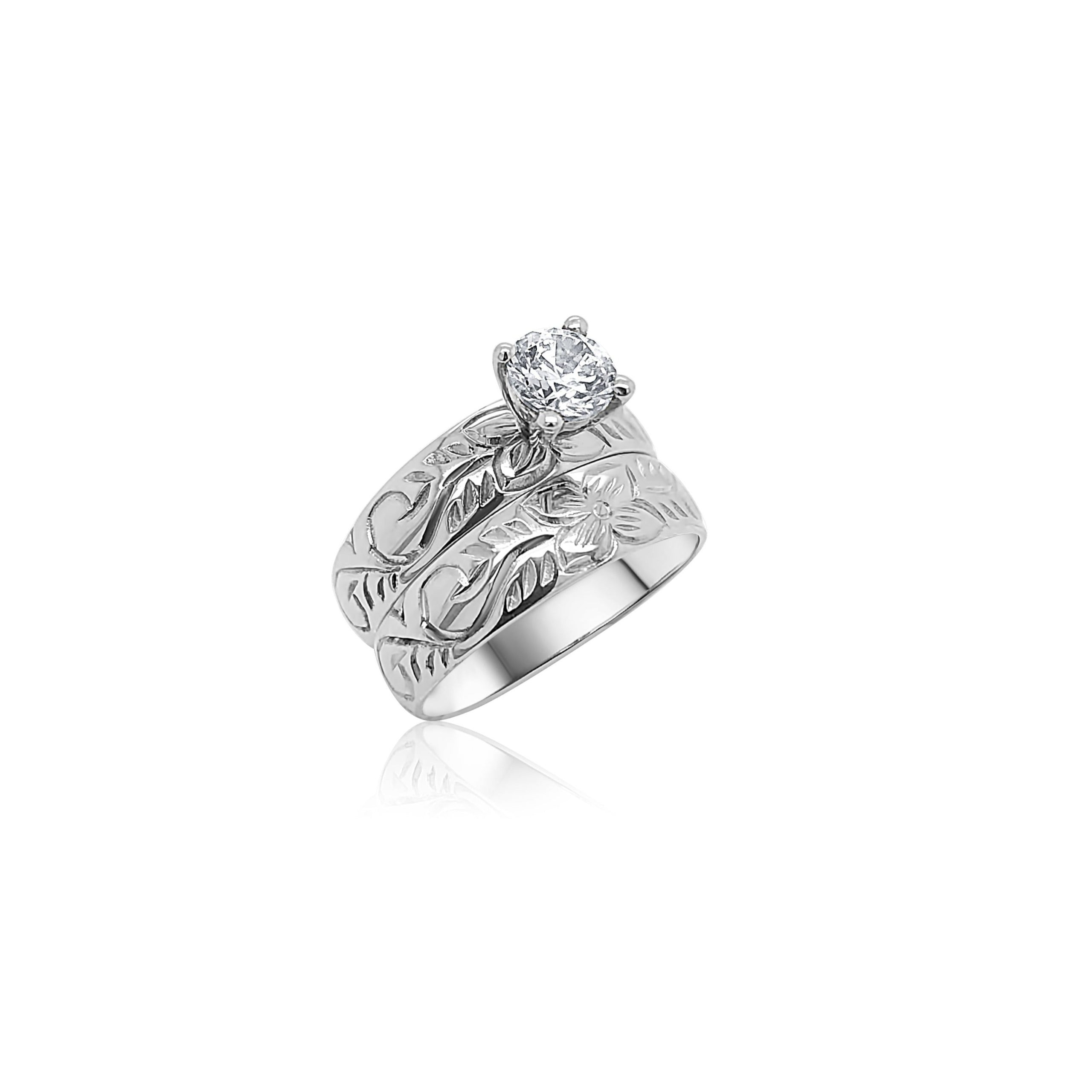Sterling Silver 2 Piece Hawaiian Design Wedding Ring Set With Cubic Zirconia Setting Sterling Silver Rings 