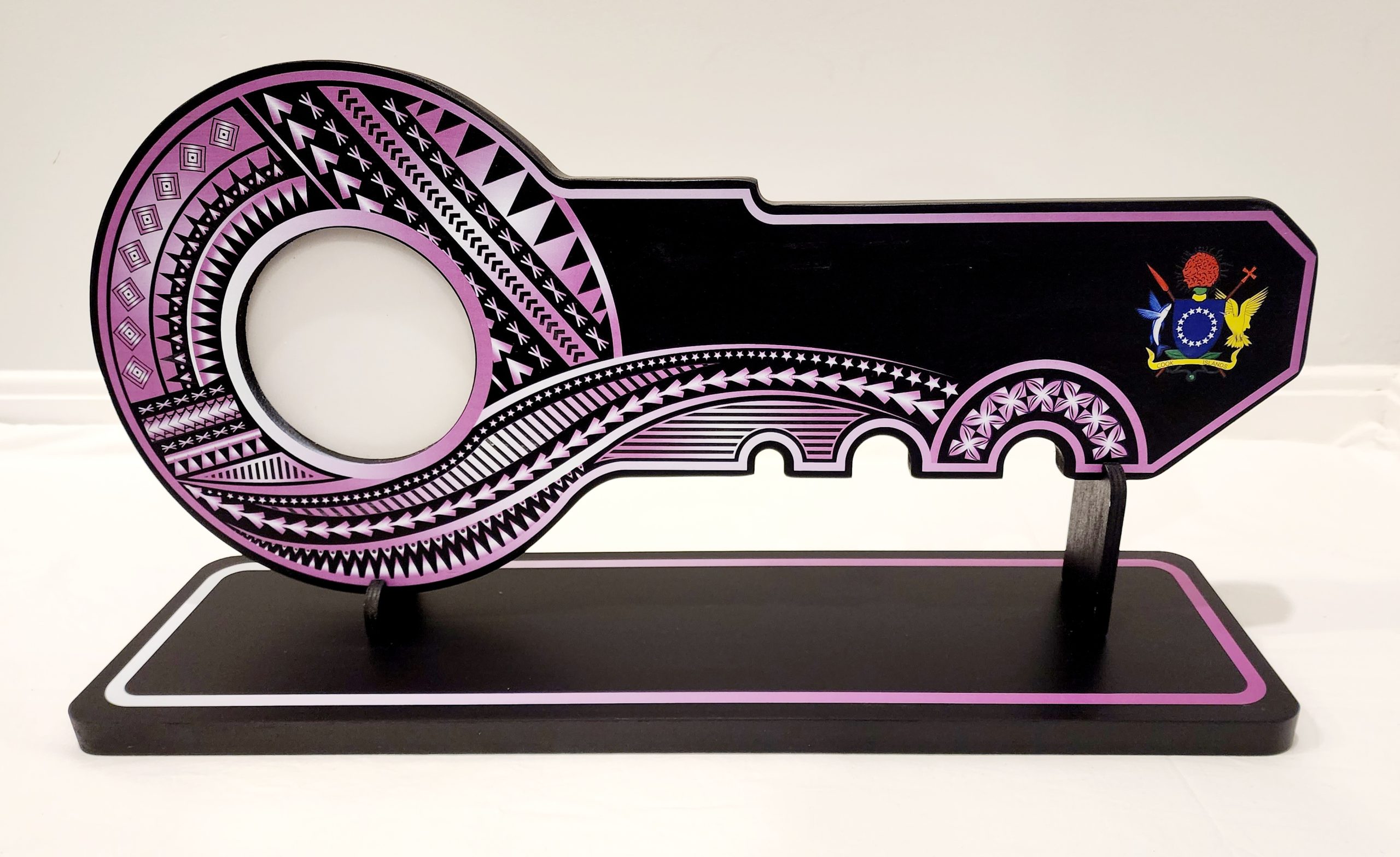 Island Design Purple Theme Colour UV Printed Birthday Key with Coat of Arms of The Cook Islands and Matching Colour Stand - Design 2256 21st Keys Island Design Purple Theme Colour UV Printed Birthday Key with Coat of Arms of The Cook Islands and Matching Colour Stand - Design 2256 21st Keys