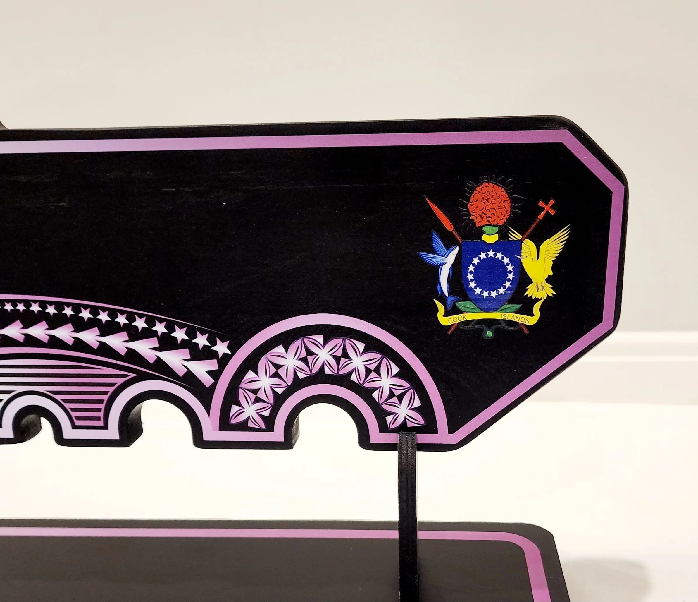 Island Design Purple Theme Colour UV Printed Birthday Key with Coat of Arms of The Cook Islands and Matching Colour Stand - Design 2256 21st Keys Island Design Purple Theme Colour UV Printed Birthday Key with Coat of Arms of The Cook Islands and Matching Colour Stand - Design 2256 21st Keys