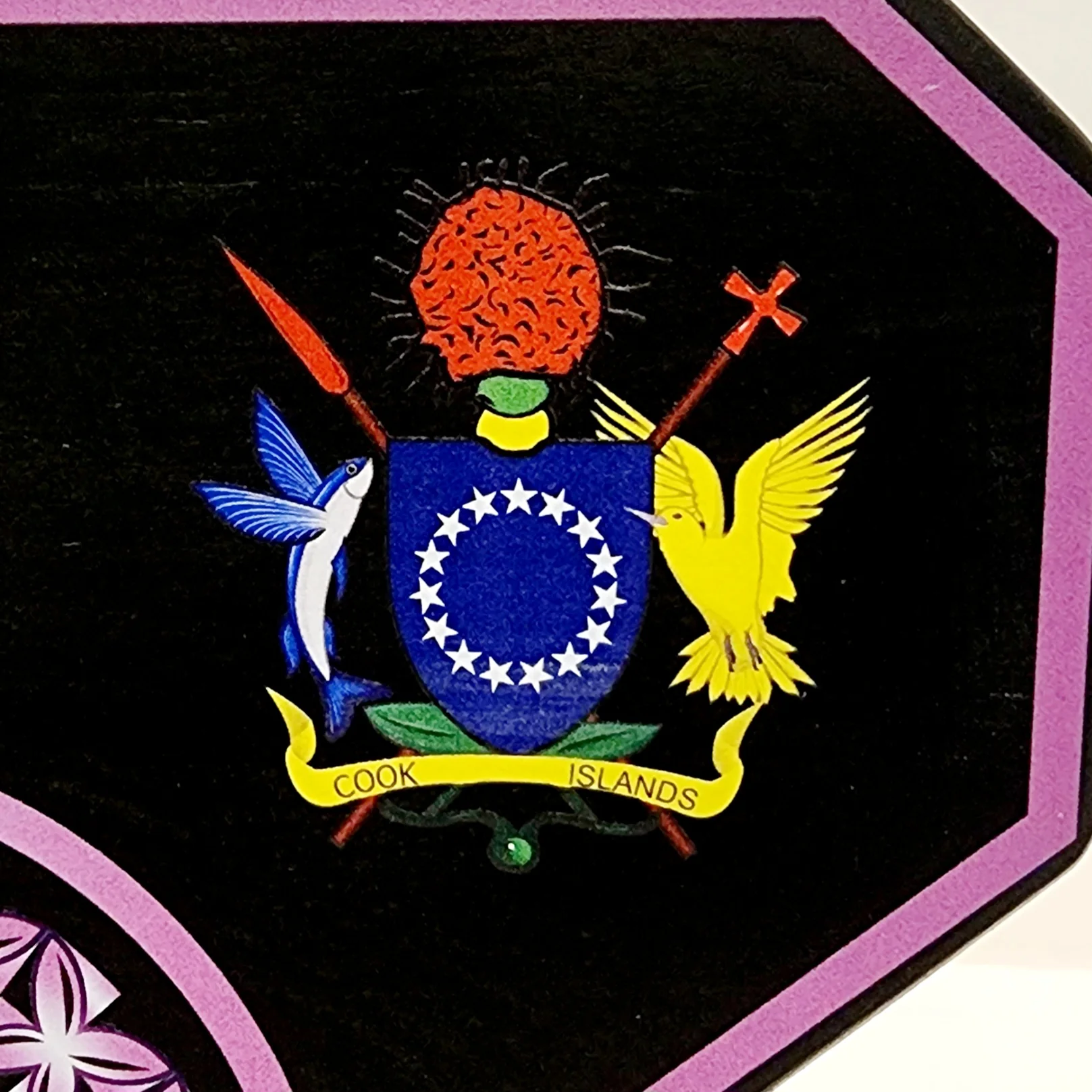 Island Design Purple Theme Colour UV Printed Birthday Key with Coat of Arms of The Cook Islands and Matching Colour Stand - Design 2256 21st Keys Island Design Purple Theme Colour UV Printed Birthday Key with Coat of Arms of The Cook Islands and Matching Colour Stand - Design 2256 21st Keys