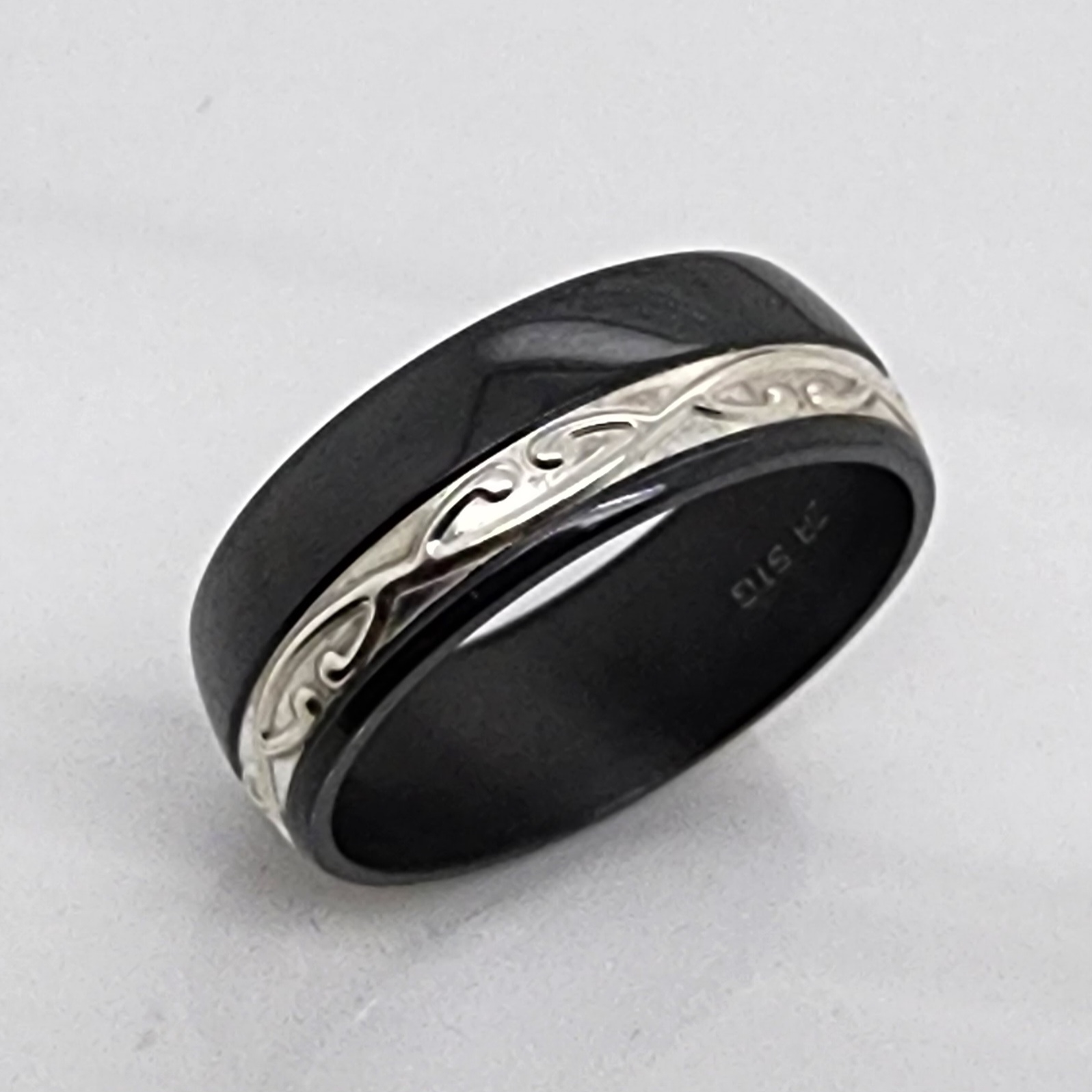 Black Zirconium Band 8mm Wide with Sterling Silver Design Band Insert Gold Rings, Men's Gold Rings 
