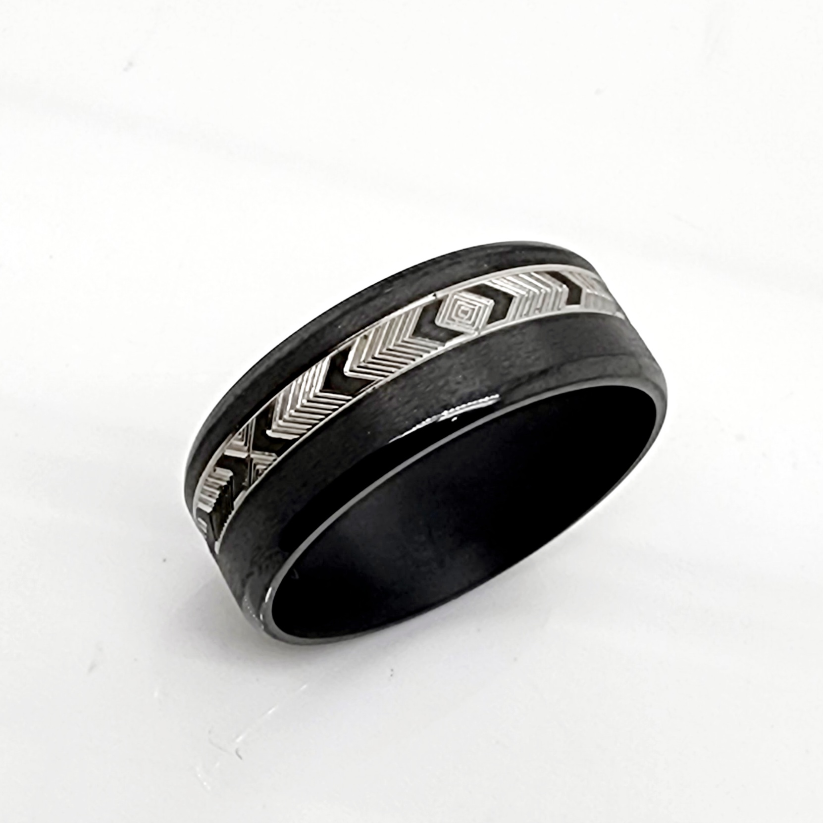 Black Zirconium Band 8mm Wide with Greek Inspired Patterns Engraved Gold Rings, Men's Gold Rings 