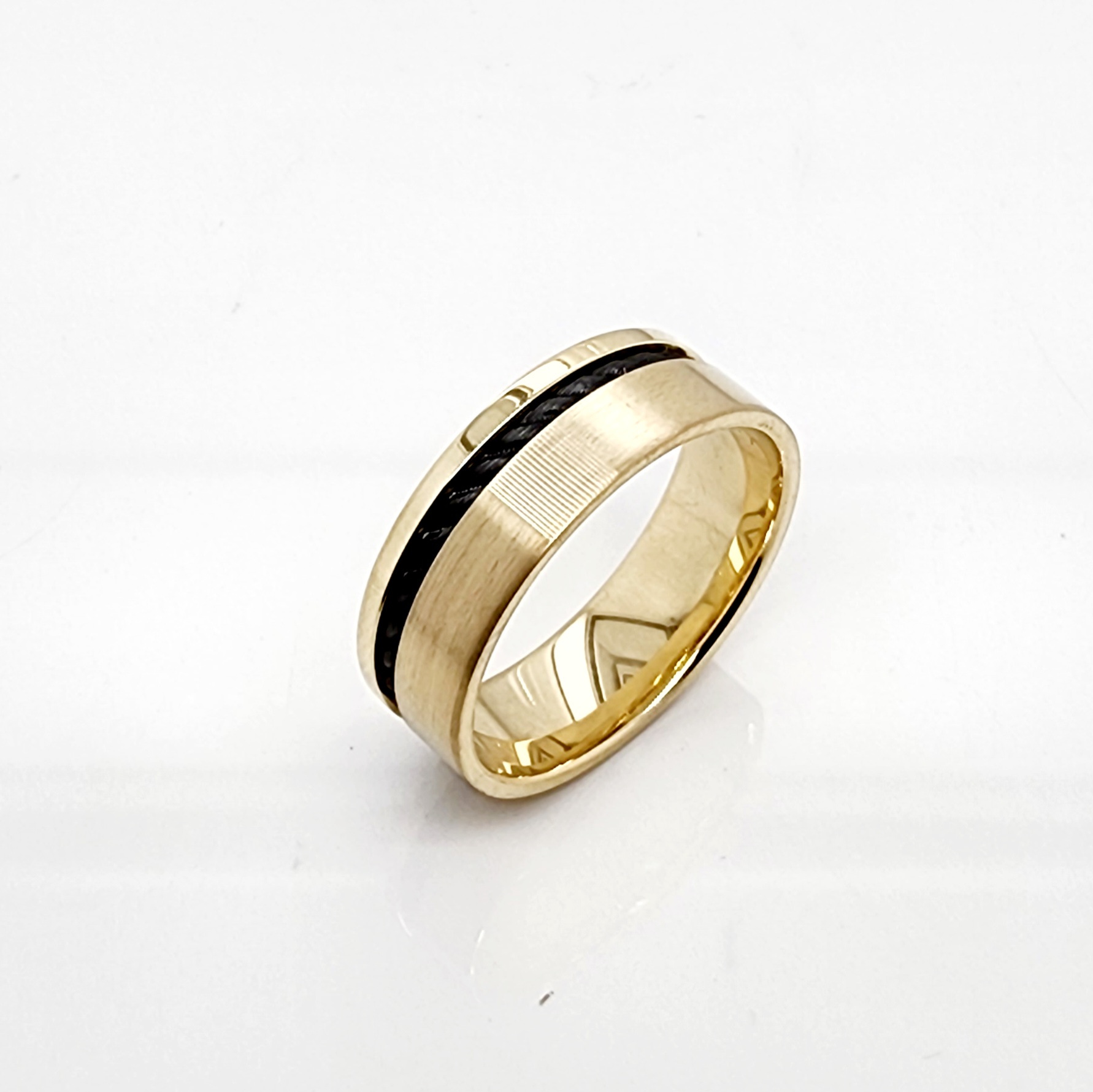 9ct Yellow Gold 7.5mm Wide Band with Black Zirconium Inlay Gold Rings, Men's Gold Rings 