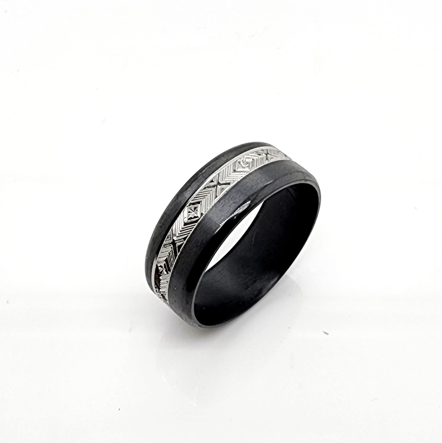 Black Zirconium Band 8mm Wide with Greek Inspired Patterns Engraved Gold Rings, Men's Gold Rings 
