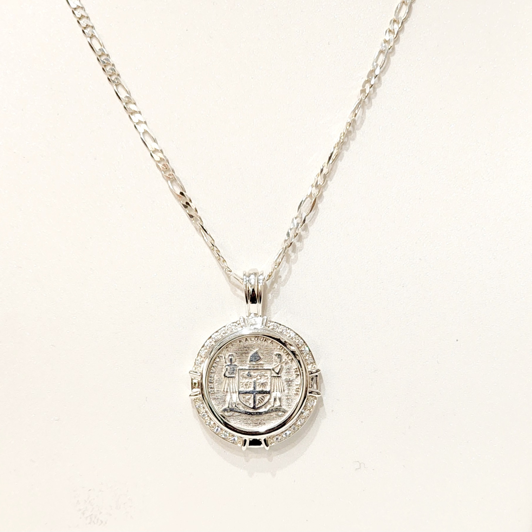 Sterling Silver Fiji Coat of Arms Pendant with Cubic Zirconia Setting and Sterling Silver 55cm Chain Sterling Silver Pendants 