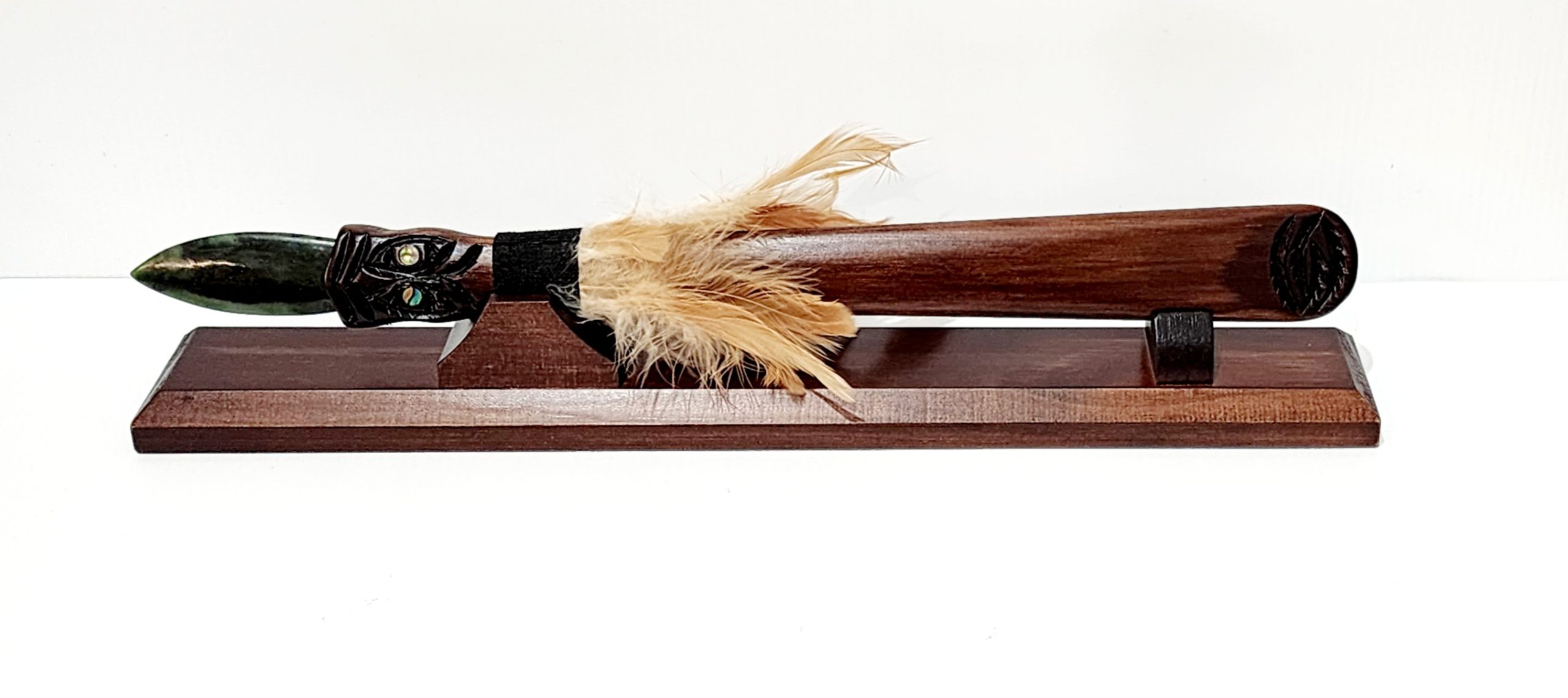 Wooden Carved Maori Taiaha  with New Zealand Greenstone Tongue on Stand NIXON, WATCH 