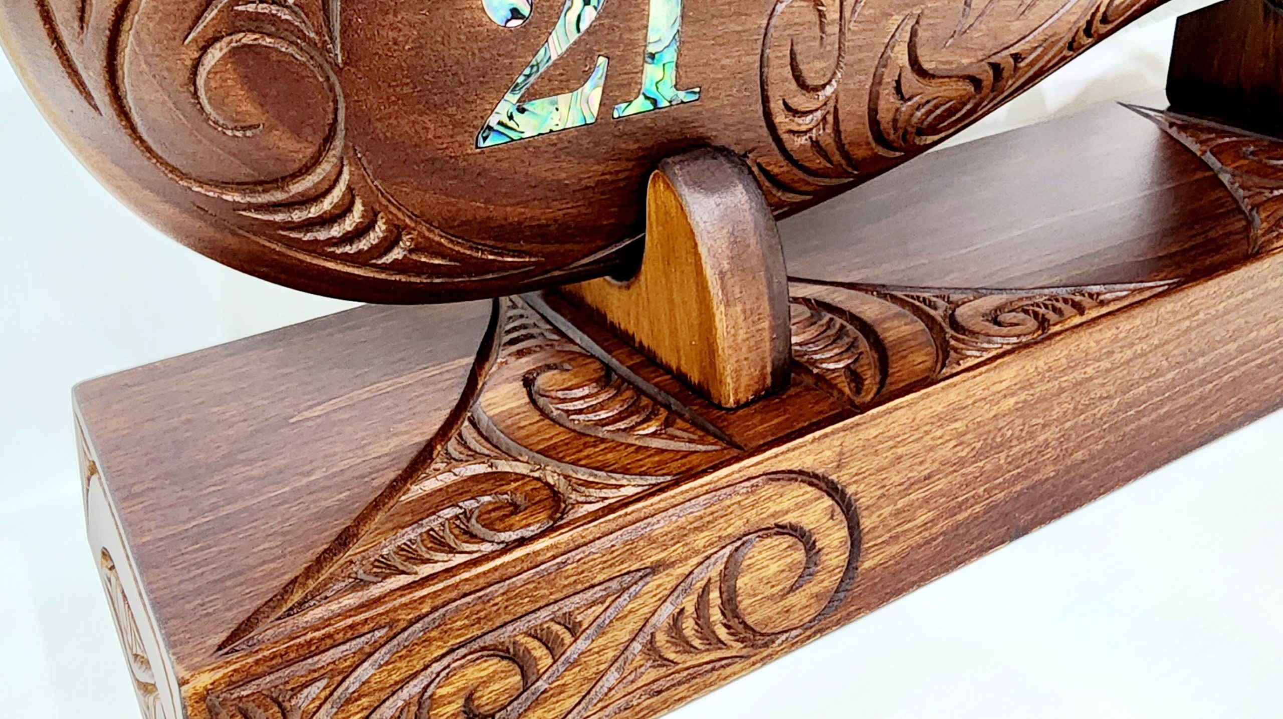 Large Carved Maori Wahaika Club with 21 Paua Inlaid on Stand 21st Keys Large Carved Maori Wahaika Club with 21 Paua Inlaid on Stand 21st Keys
